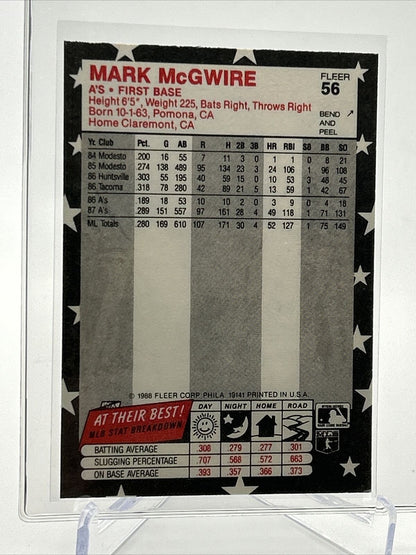 1988 Fleer Star Stickers Mark McGwire Baseball Card #56 NM-MT FREE SHIPPING