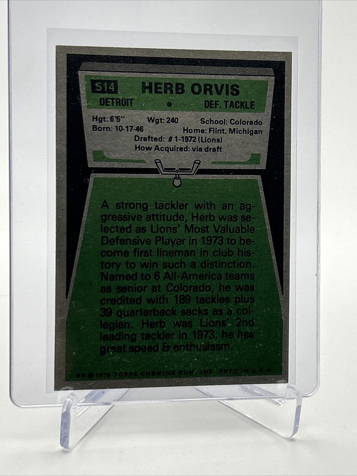 1975 Topps Herb Orvis Rookie Football Card #514 EX-MT Quality FREE SHIPPING