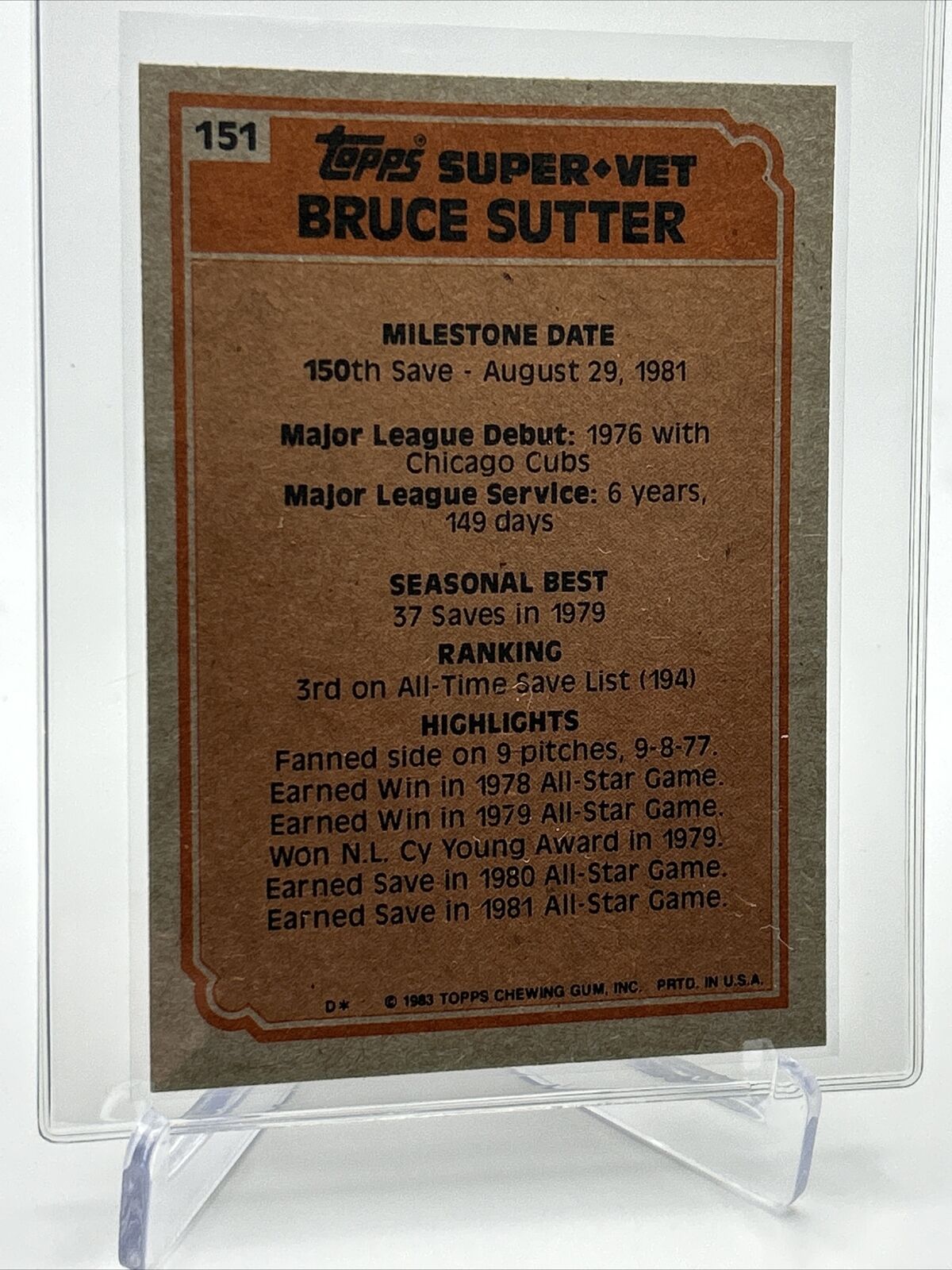 1983 Topps Bruce Sutter Super Veteran Baseball Card #151 NM-Mint FREE SHIPPING