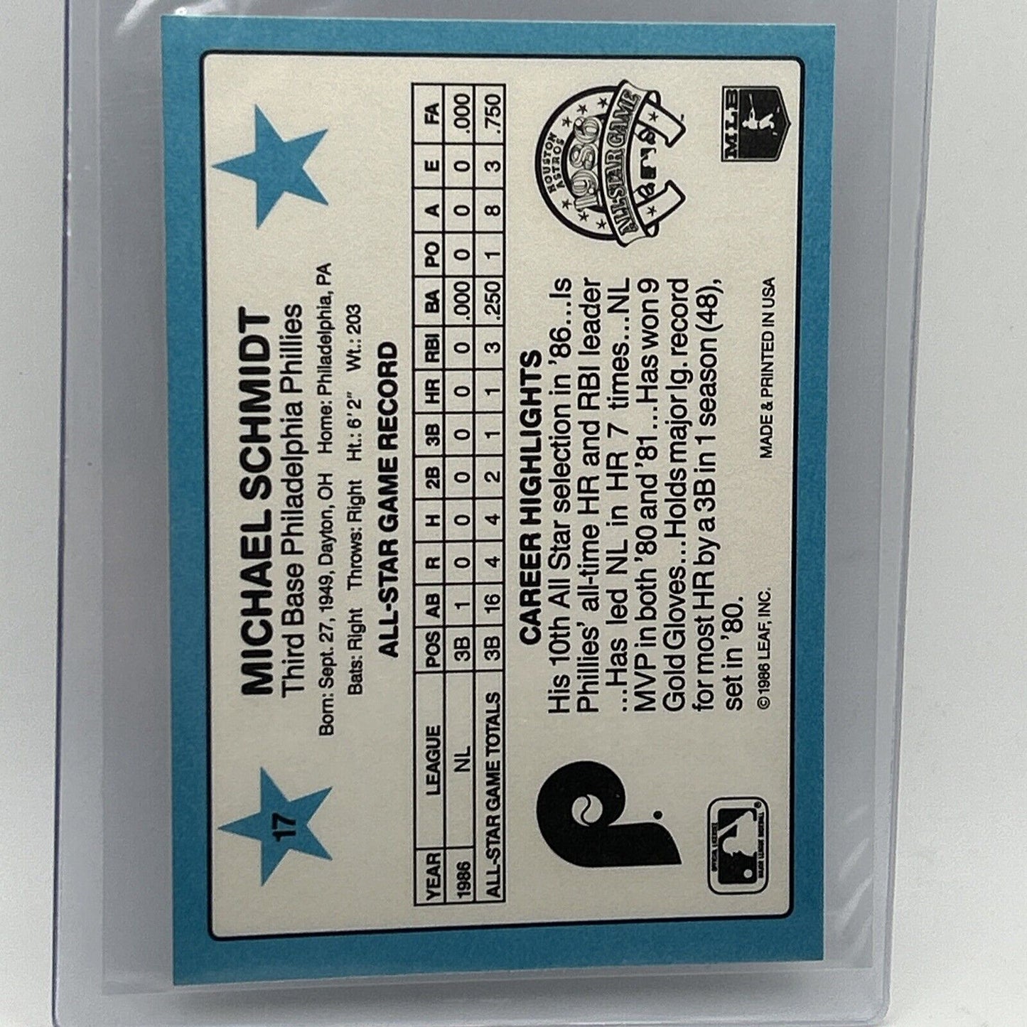 1987 Donruss All-Stars Mike Schmidt Baseball Card #17 NM-MT FREE SHIPPING