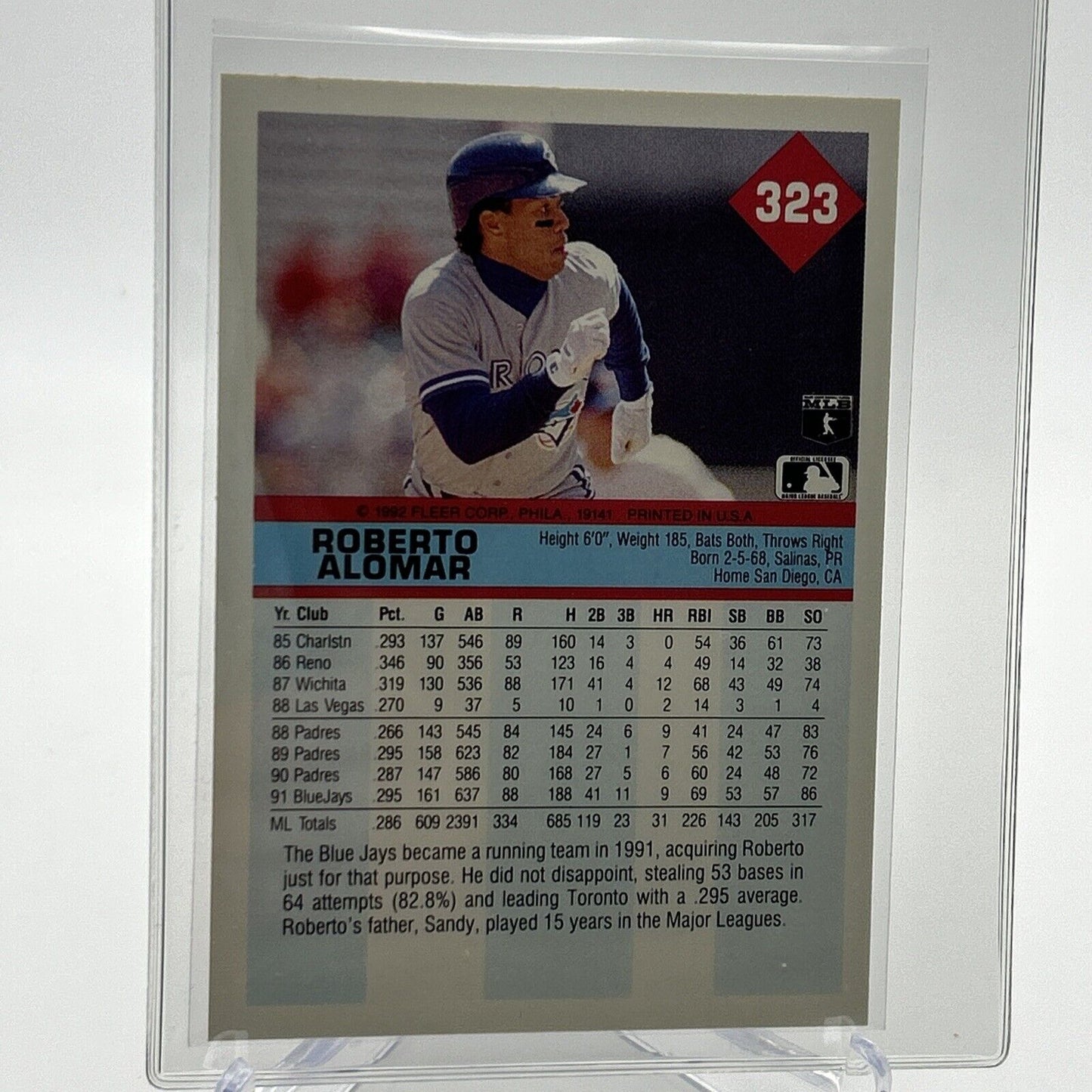 1992 Fleer Roberto Alomar Baseball Card #323 Mint FREE SHIPPING