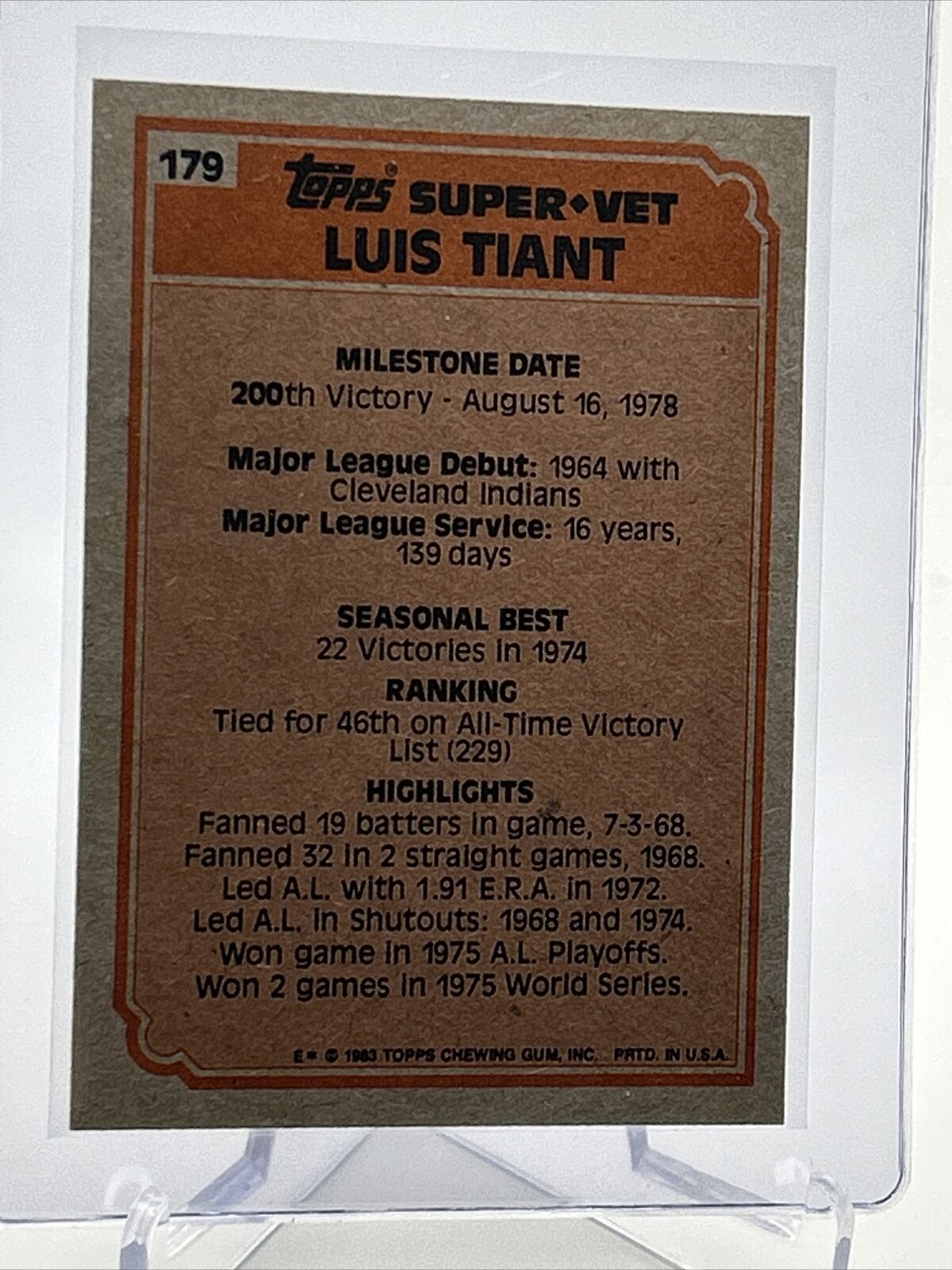 1983 Topps Luis Tiant Baseball Card #179 NM-Mint FREE SHIPPING