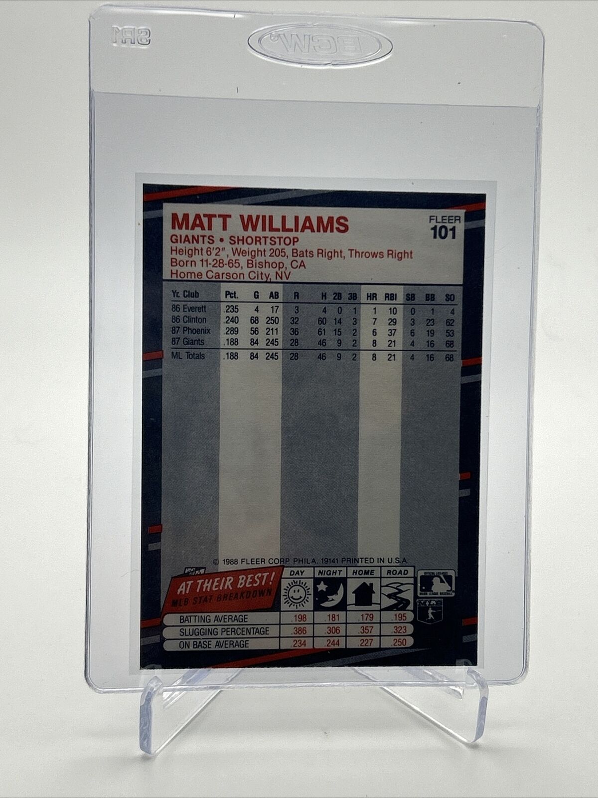 1988 Fleer Matt Williams Rookie Baseball Card #101 Mint FREE SHIPPING