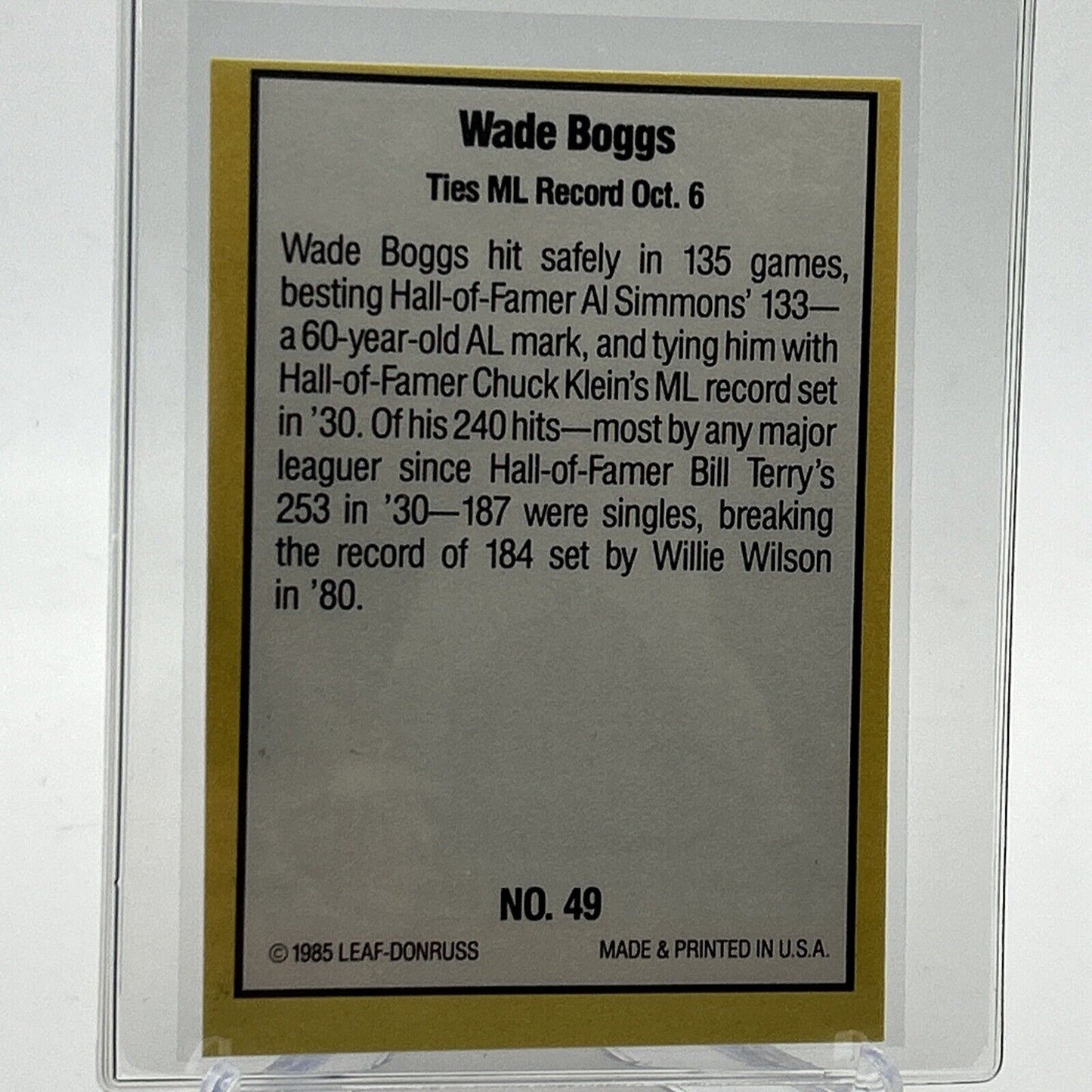 1985 Donruss Highlights Wade Boggs Baseball Card #49 NM-MT FREE SHIPPING