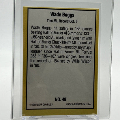 1985 Donruss Highlights Wade Boggs Baseball Card #49 NM-MT FREE SHIPPING