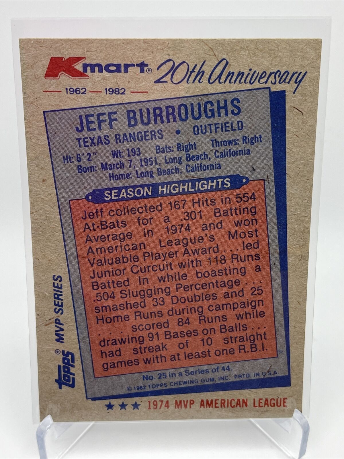 1982 Topps Kmart Jeff Burroughs Baseball Card #25 Mint FREE SHIPPING