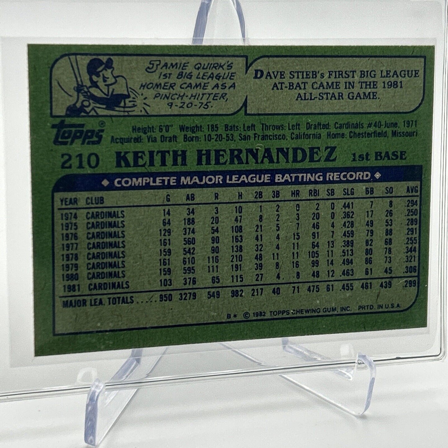 1982 Topps Keith Hernandez Baseball Card #210 NM-Mint FREE SHIPPING