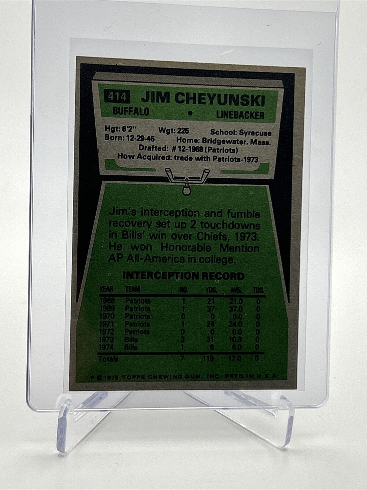 1975 Topps Jim Cheyunski Football Card #414 NM Quality FREE SHIPPING