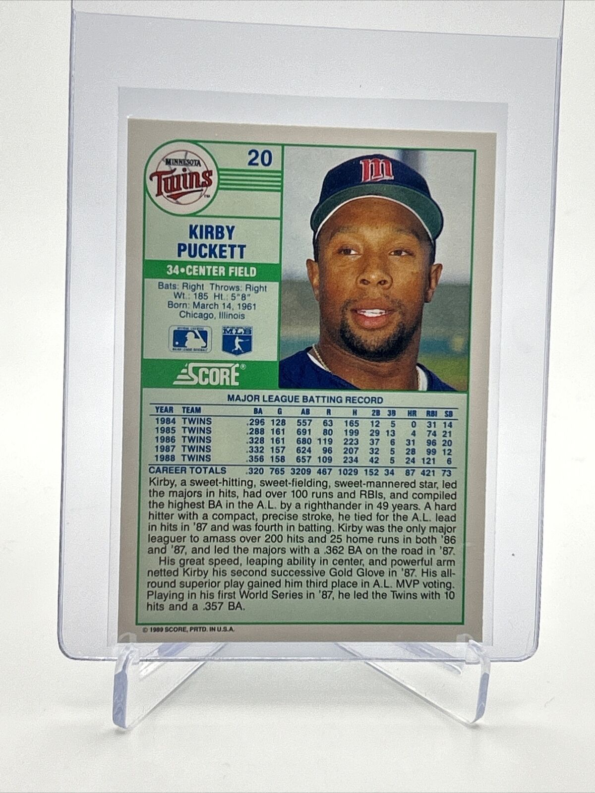 1989 Score Kirby Puckett Baseball Card #20 Mint FREE SHIPPING
