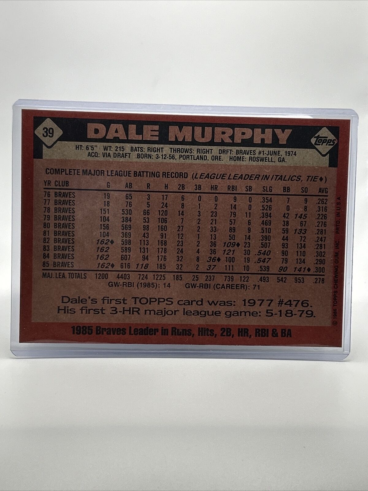 1986 Topps Super Dale Murphy Baseball Card #39 NM-Mint FREE SHIPPING