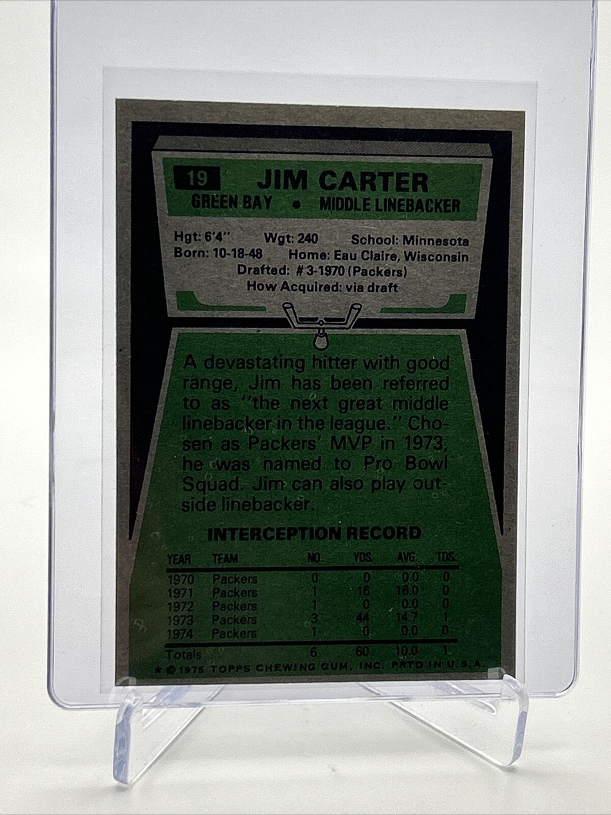 1975 Topps Jim Carter Football Card #19 NM Quality FREE SHIPPING