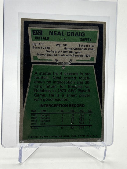 1975 Topps Neal Craig Rookie Football Card #387 NM Quality FREE SHIPPING