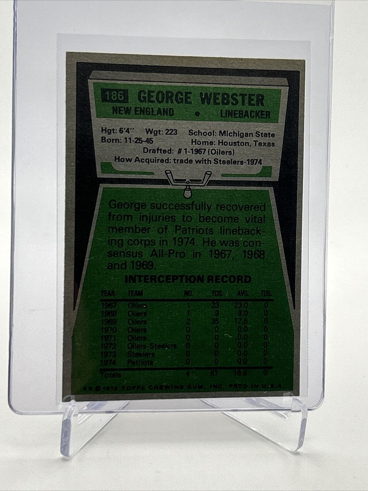 1975 Topps George Webster Football Card #186 EX-MT Quality FREE SHIPPING