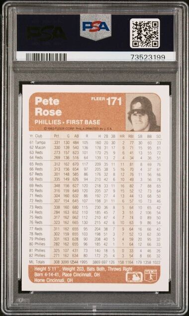 1983 Fleer Pete Rose Baseball Card #171 PSA 10 Gem Mint