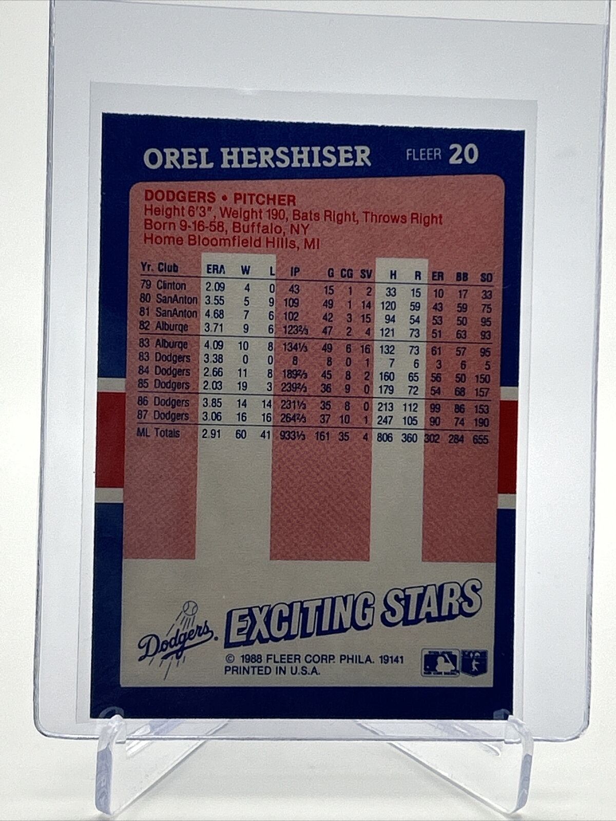 1988 Fleer Baseball's Exciting Stars Orel Hershiser Card #20 Mint FREE SHIPPING