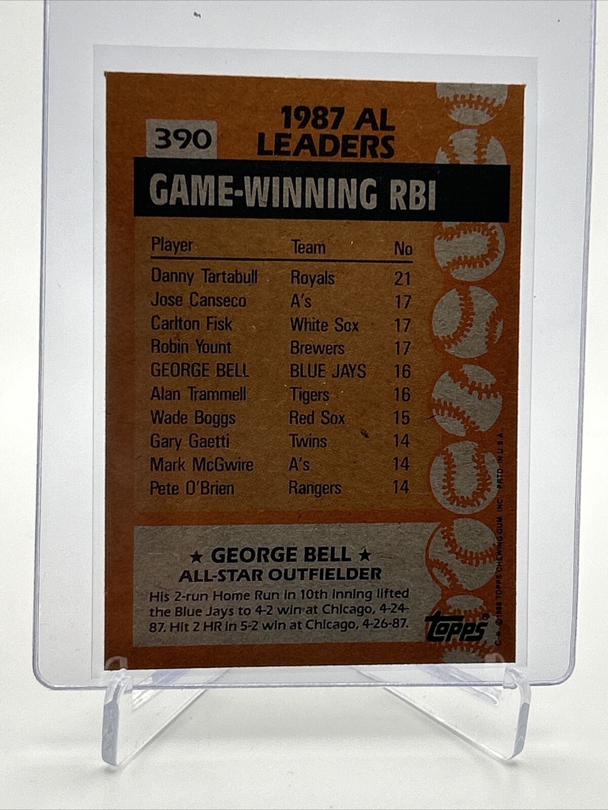 1988 Topps George Bell Baseball Card #390 Mint FREE SHIPPING