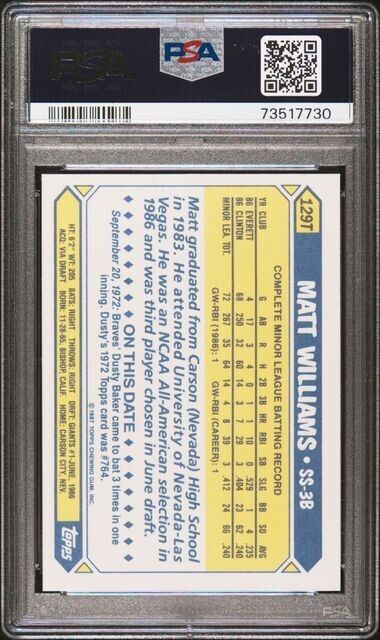 1987 Topps Traded TIFFANY Matt Williams Rookie Baseball Card #129T PSA 8 NM-MT