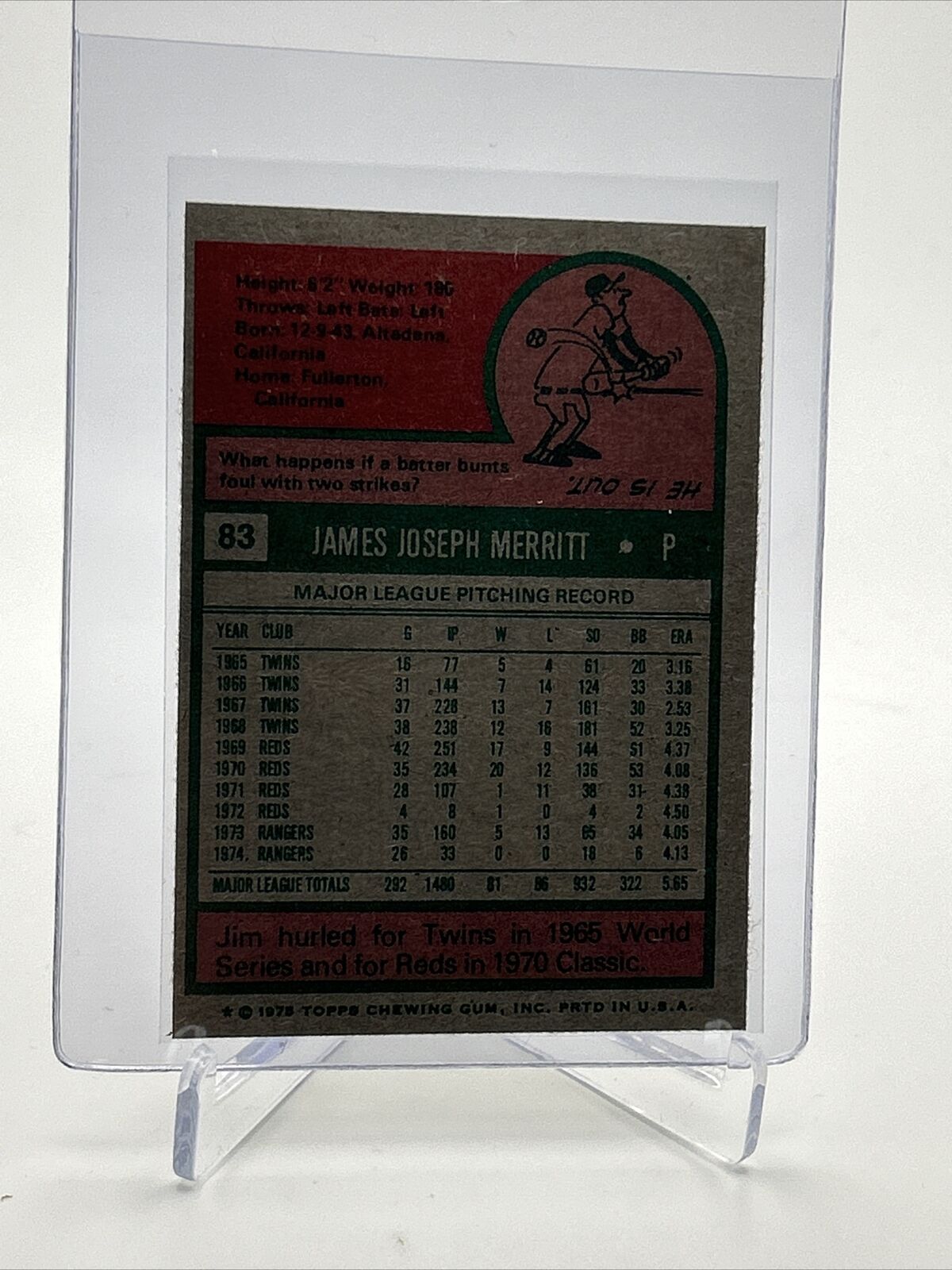 1975 Topps Jim Merritt Baseball Card #83 NM Quality FREE SHIPPING