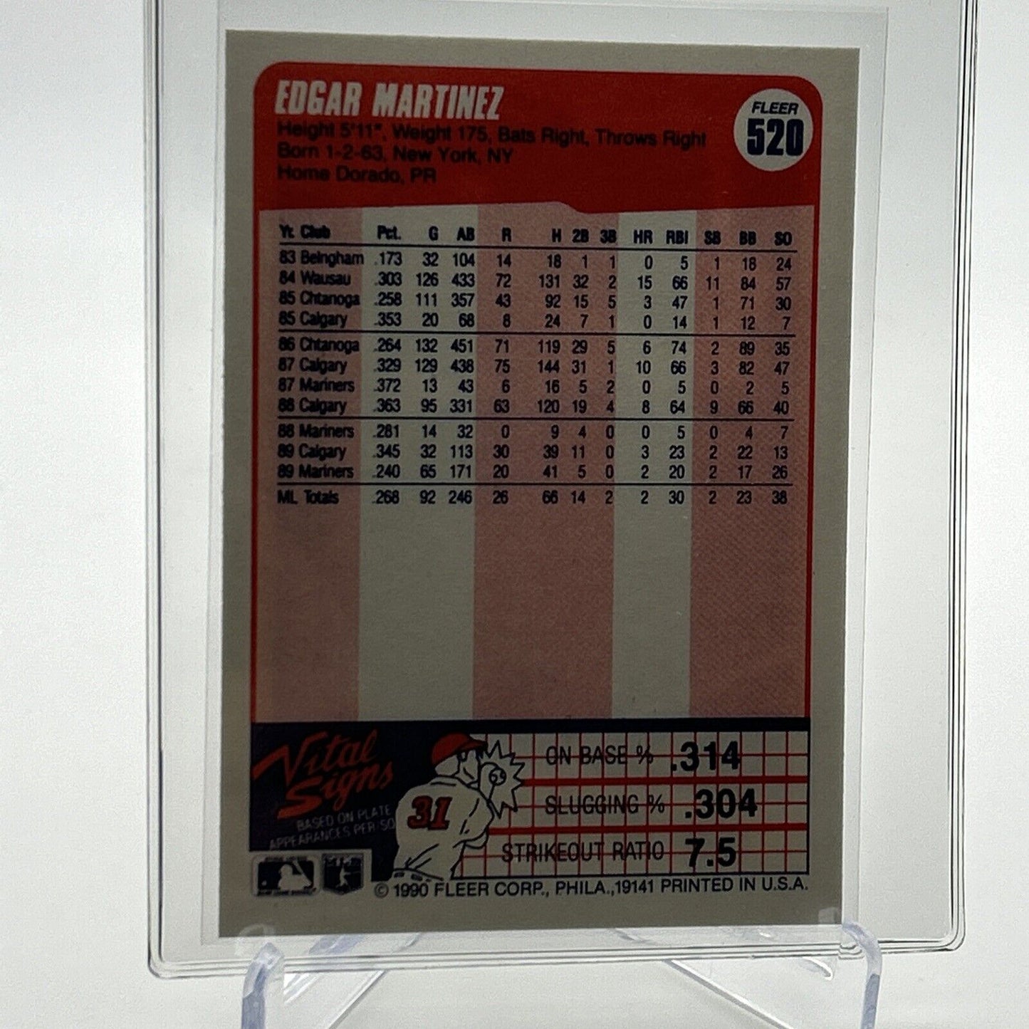 1990 Fleer Edgar Martinez Baseball Card #520 Mint FREE SHIPPING