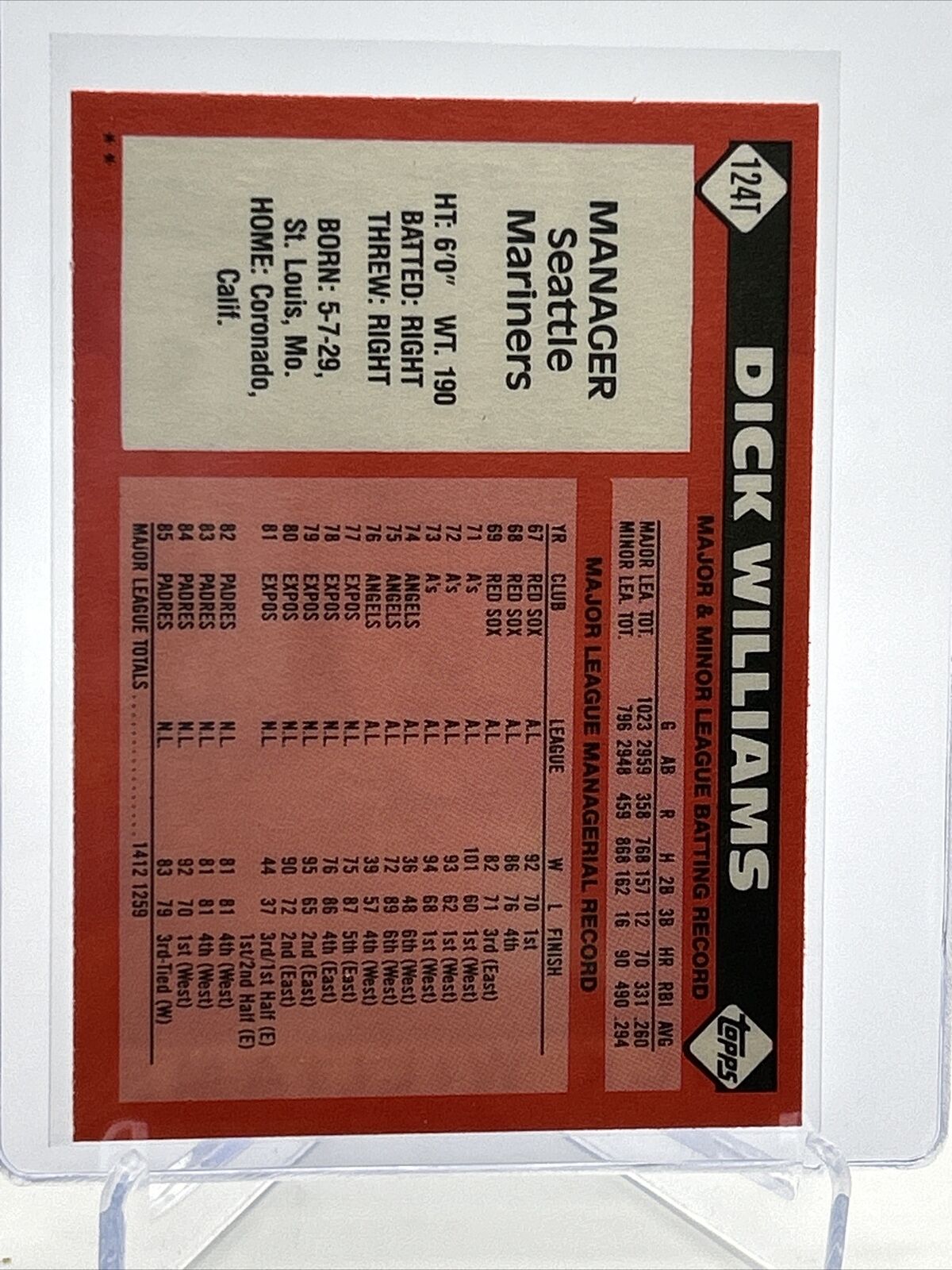 1986 Topps Traded Dick Williams Baseball Card #124T NM-MT FREE SHIPPING
