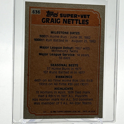 1983 Topps Graig Nettles Super Veteran Baseball Card #636 NM-Mint FREE SHIPPING