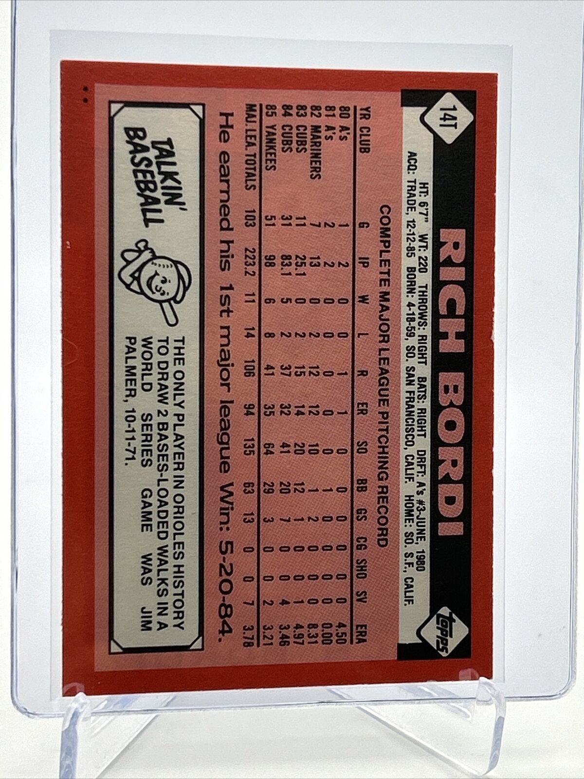 1986 Topps Traded Rich Bordi Baseball Card #14T NM-MT FREE SHIPPING