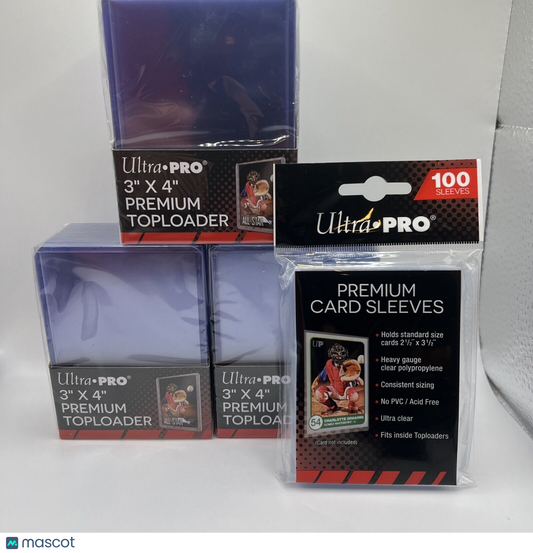 Ultra Pro 3X4 PREMIUM Toploaders 35pt 3 Packs of 25 and 100 PREMIUM soft sleeves