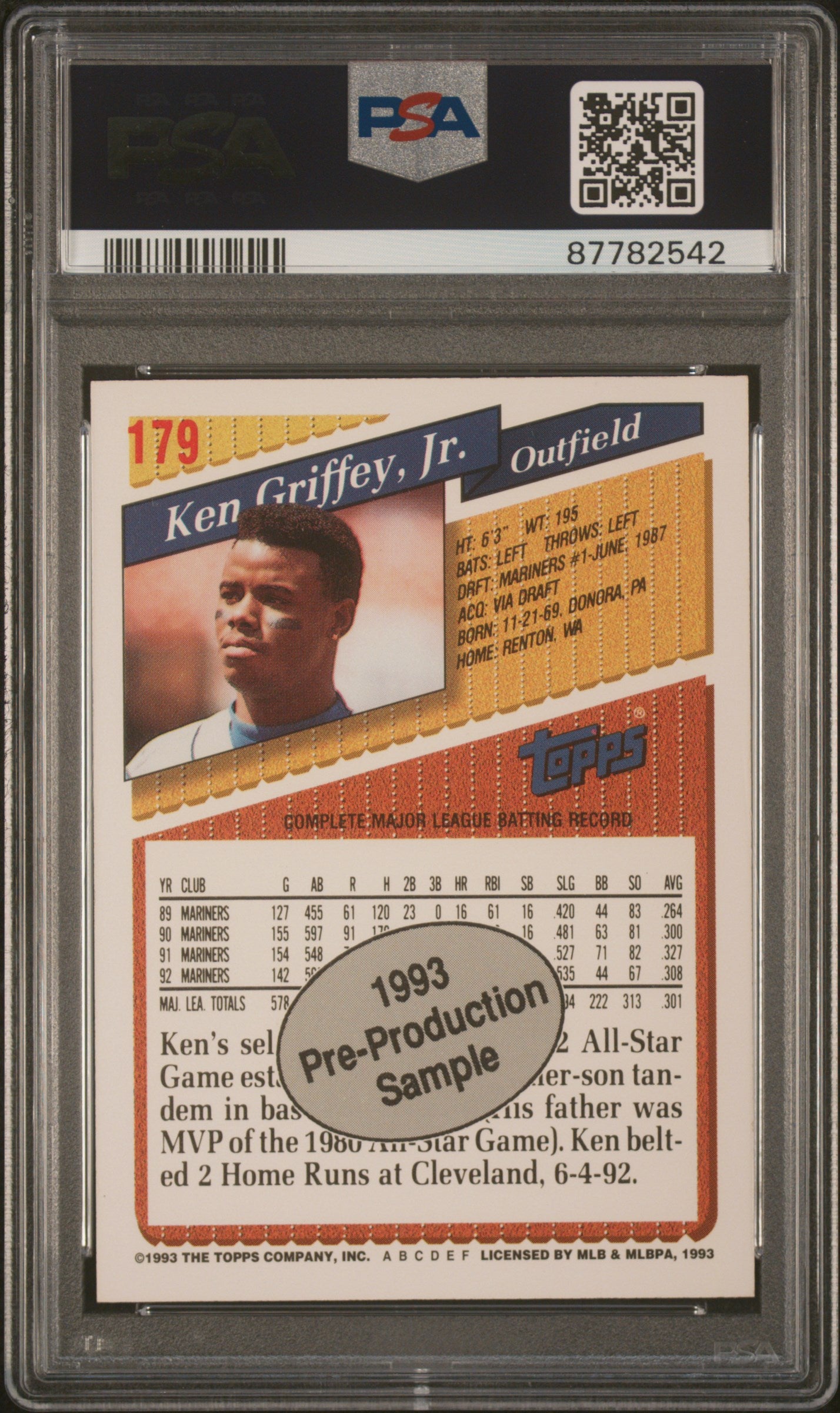 1993 Topps Pre-Production Baseball Ken Griffey JR. #179 PSA 10 87782542