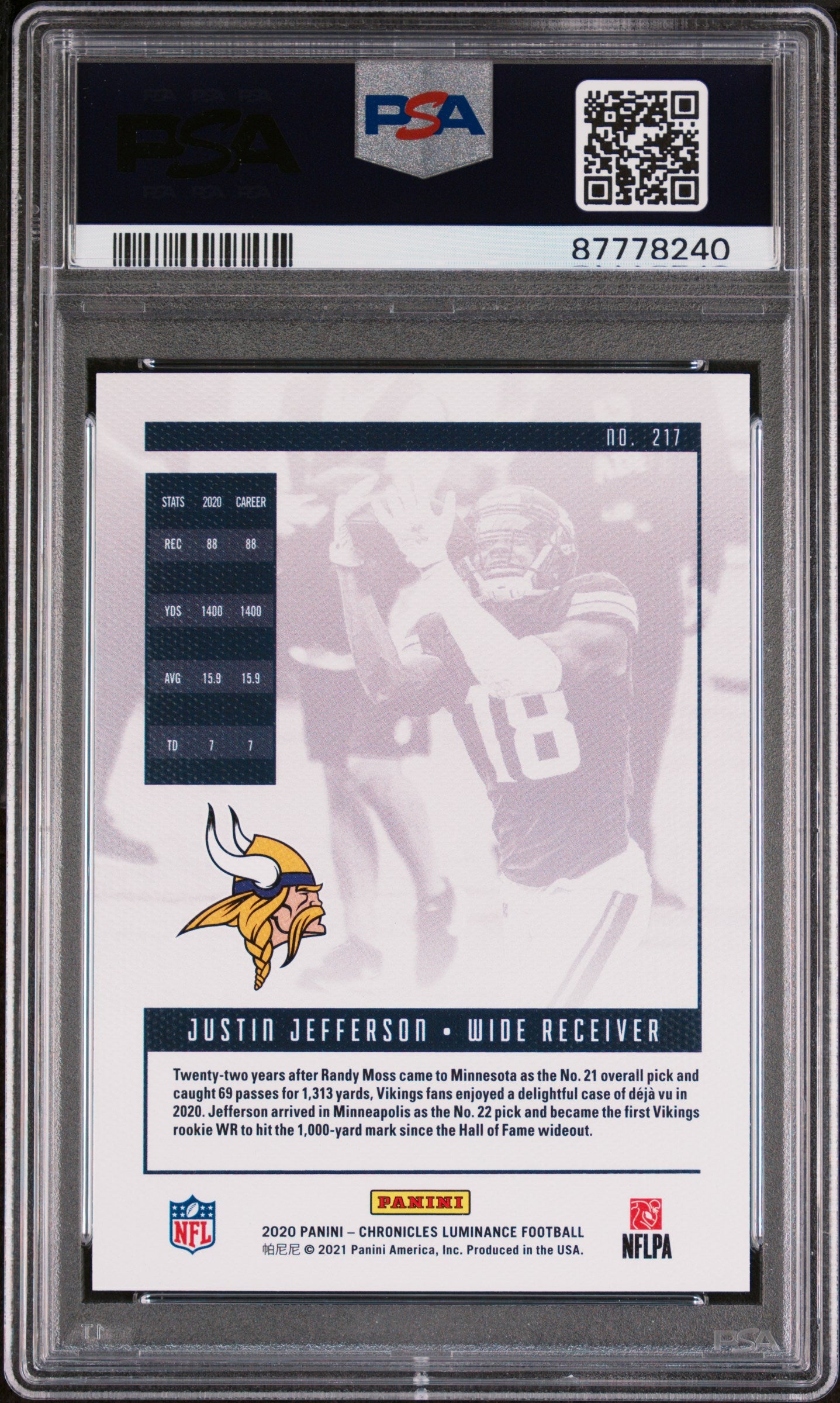 2020 Panini Chronicles Luminance BRONZE Justin Jefferson #217 PSA 10 87778240