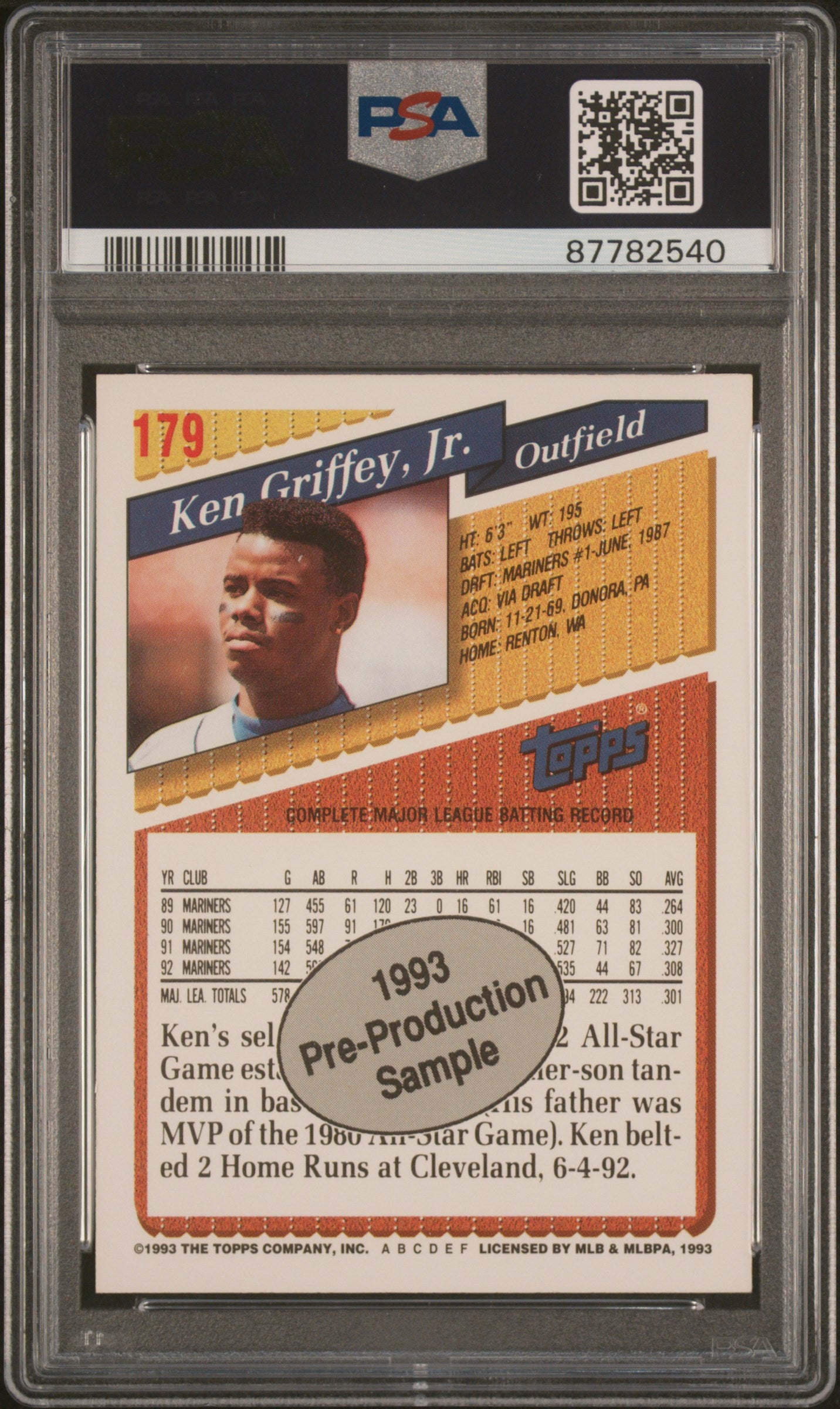 1993 Topps Pre-Production Baseball Ken Griffey JR. #179 PSA 10 87782540