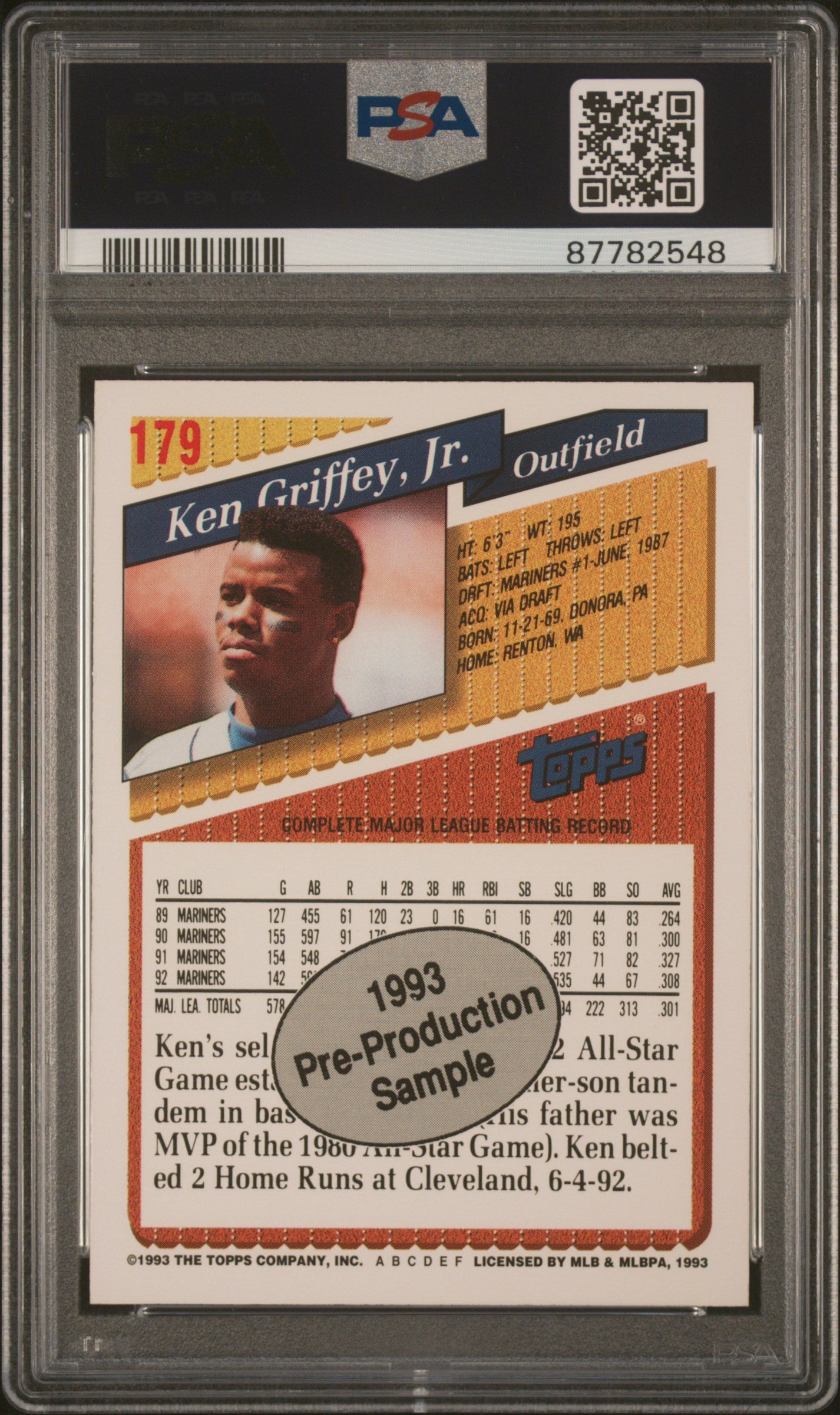 1993 Topps Pre-Production Baseball Ken Griffey JR. #179 PSA 10 87782548