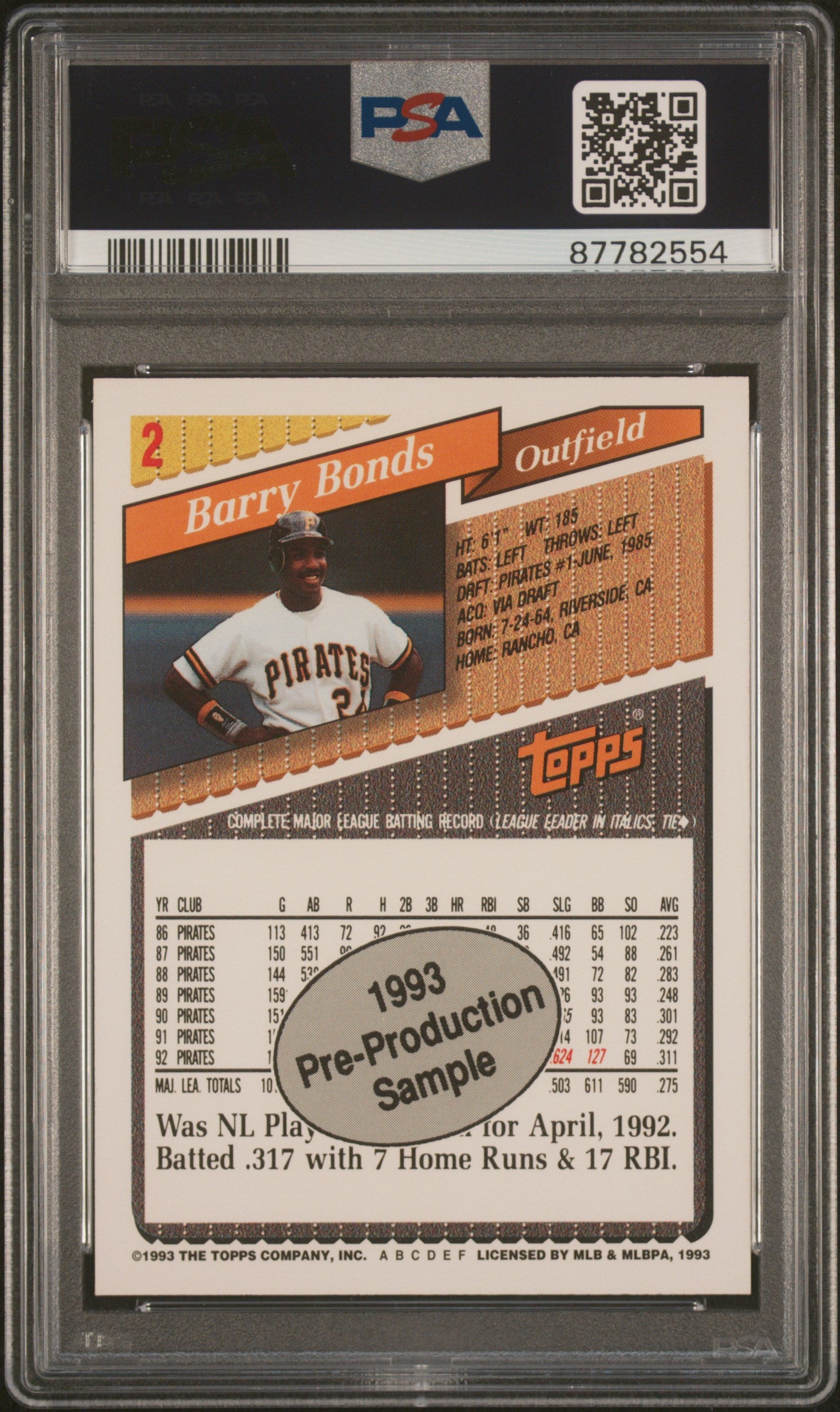 1993 Topps Pre-Production Baseball Barry Bonds #2 PSA 10 87782554 POP 5