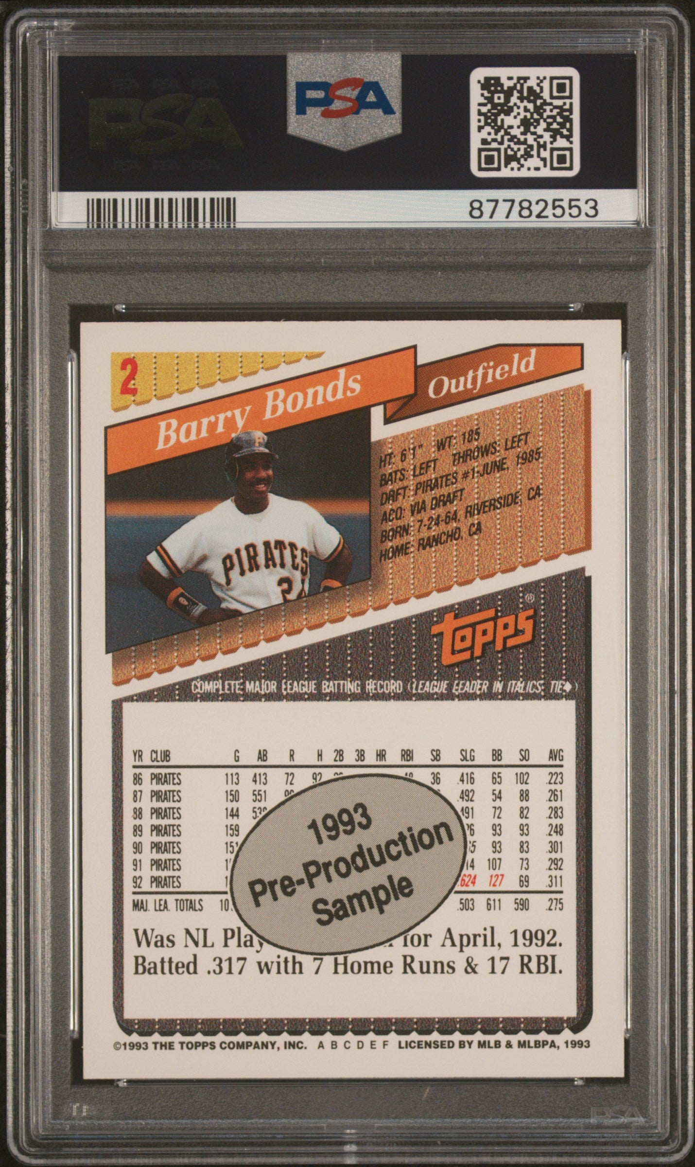 1993 Topps Pre-Production Baseball Barry Bonds #2 PSA 10 87782553 POP 5