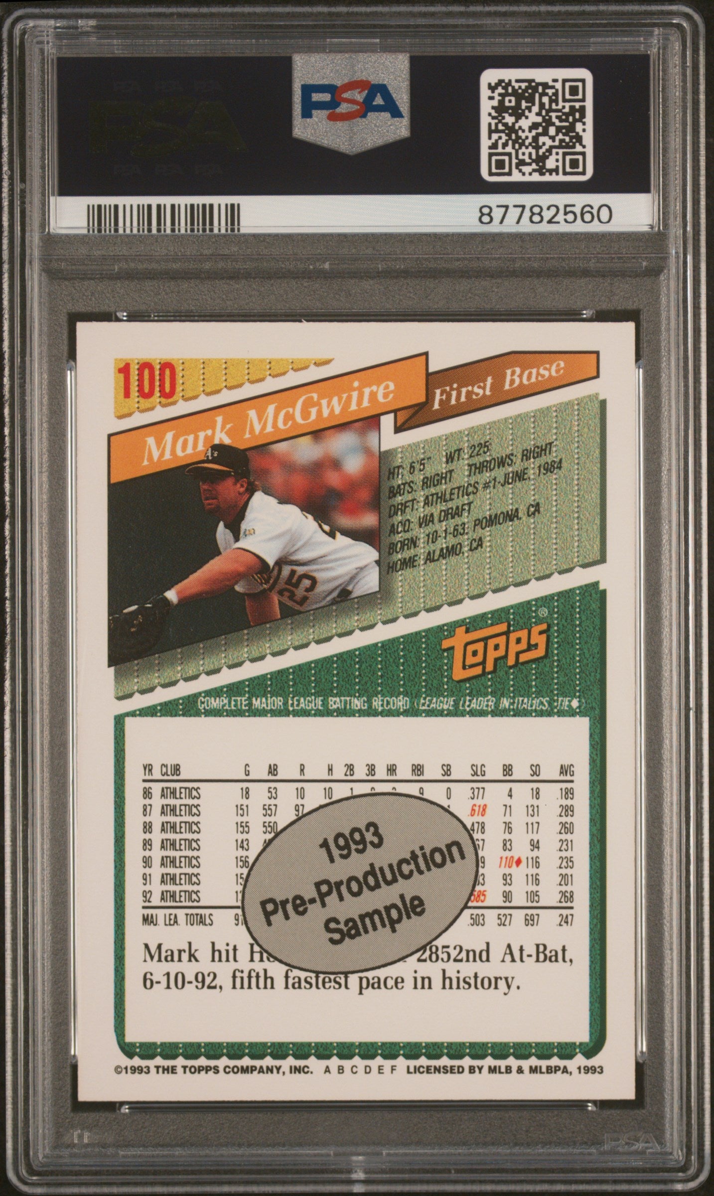 1993 Topps Pre-Production Baseball Mark Mcgwire #100 PSA 10 87782560