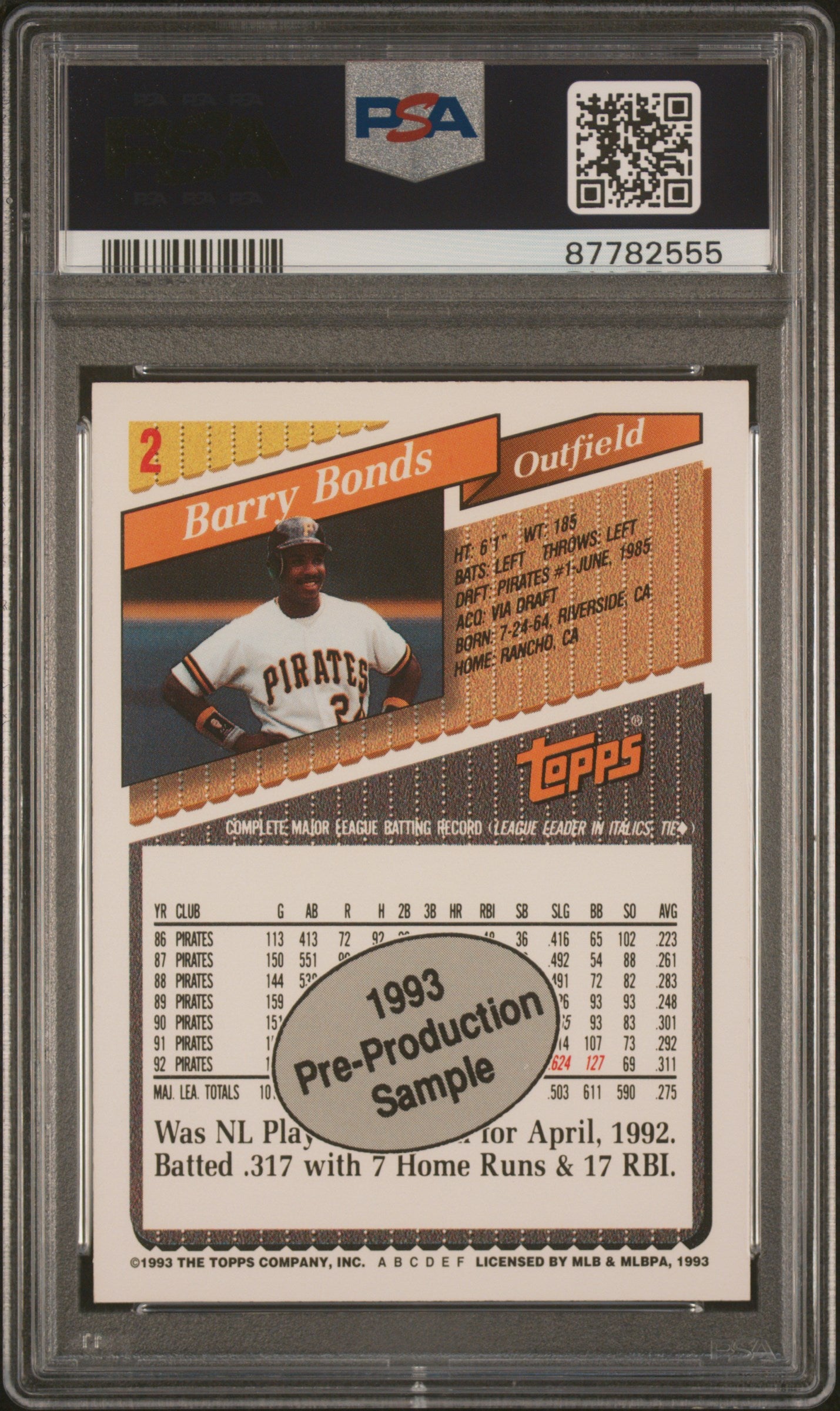 1993 Topps Pre-Production Baseball Barry Bonds #2 PSA 9 87782555