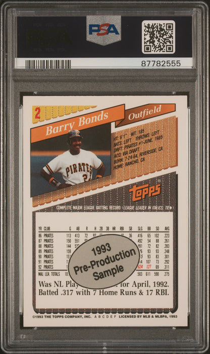 1993 Topps Pre-Production Baseball Barry Bonds #2 PSA 9 87782555