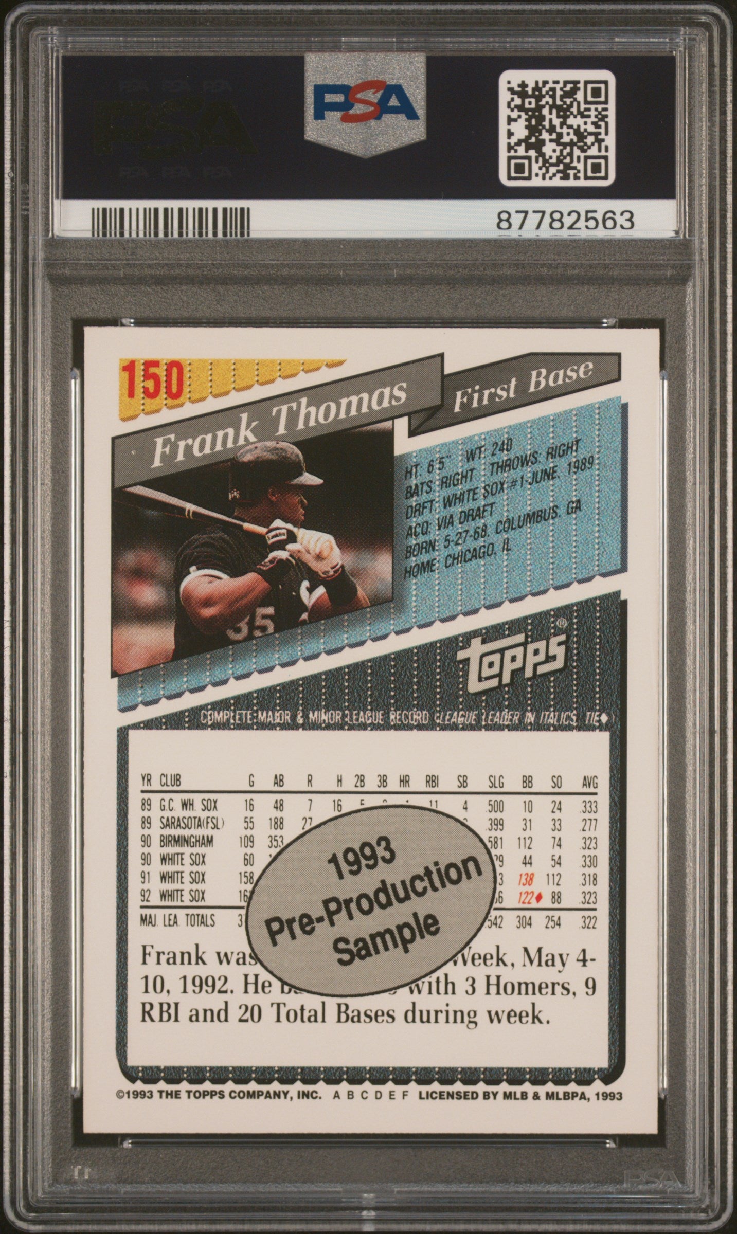 1993 Topps Pre-Production Baseball Frank Thomas #150 PSA 10 87782563