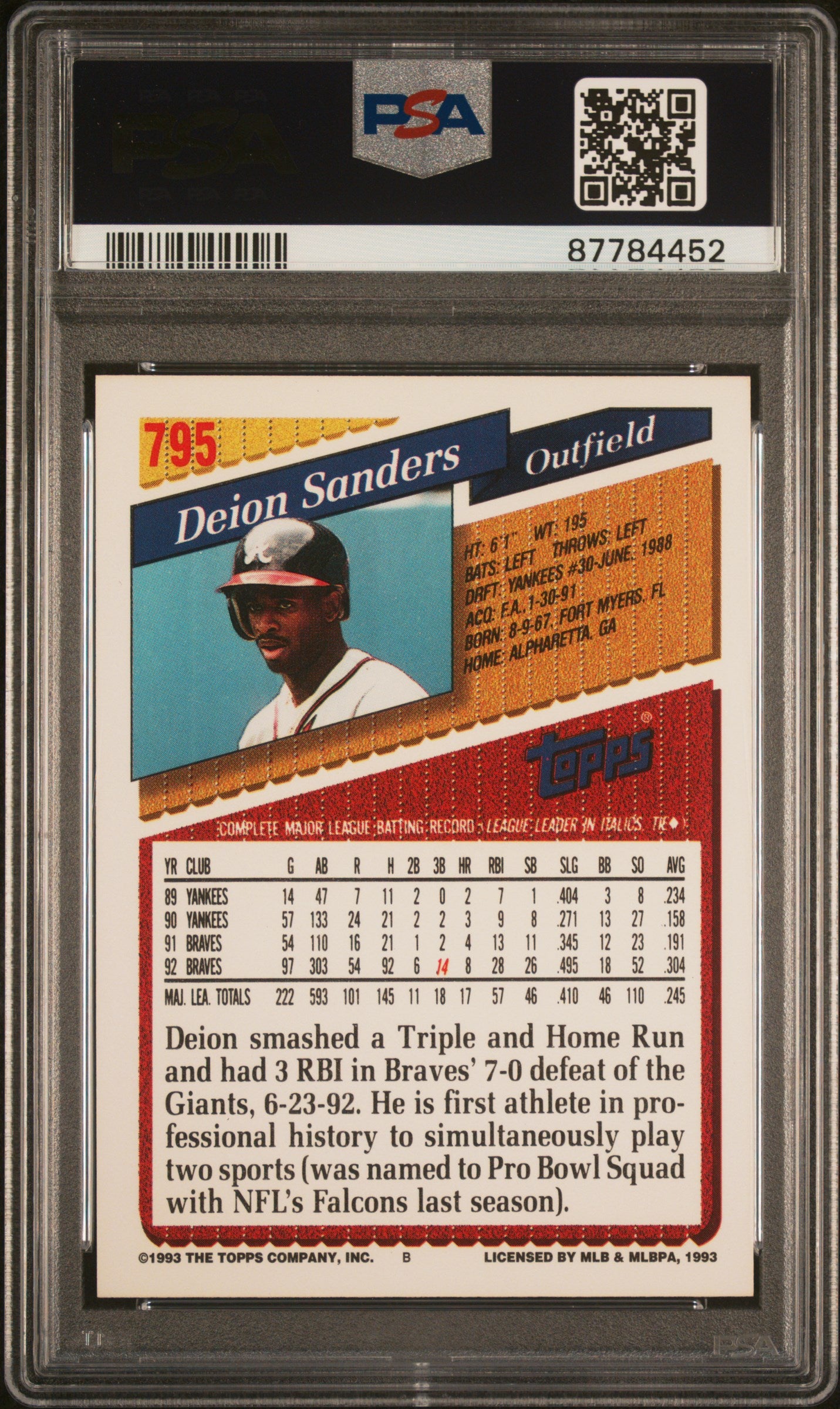 1993 Topps Gold Baseball Deion Sanders #795 PSA 10 87784452 POP 6