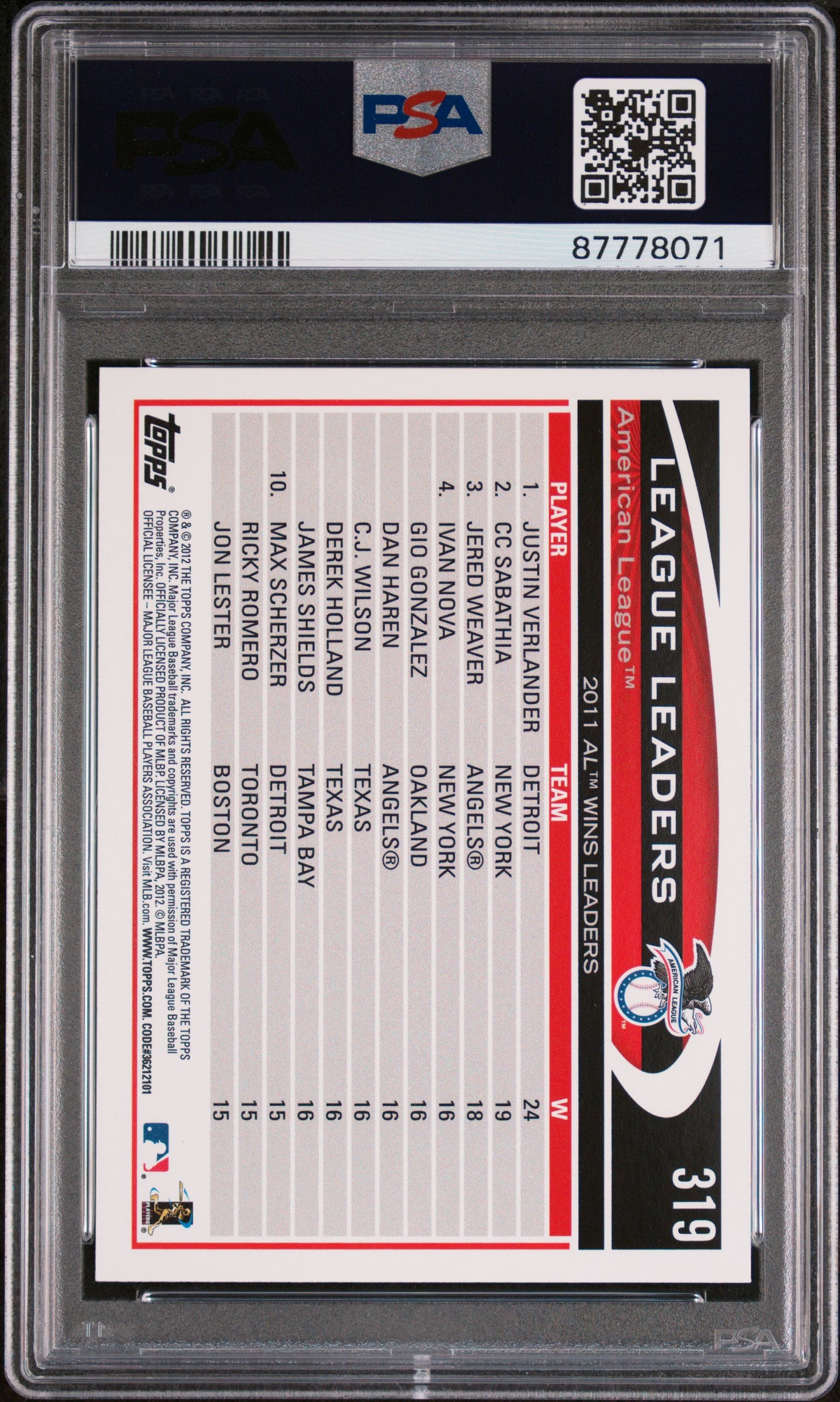 2012 Topps GOLD SPARKLE Al Wins Leaders #319 PSA 10 87778071 POP 2