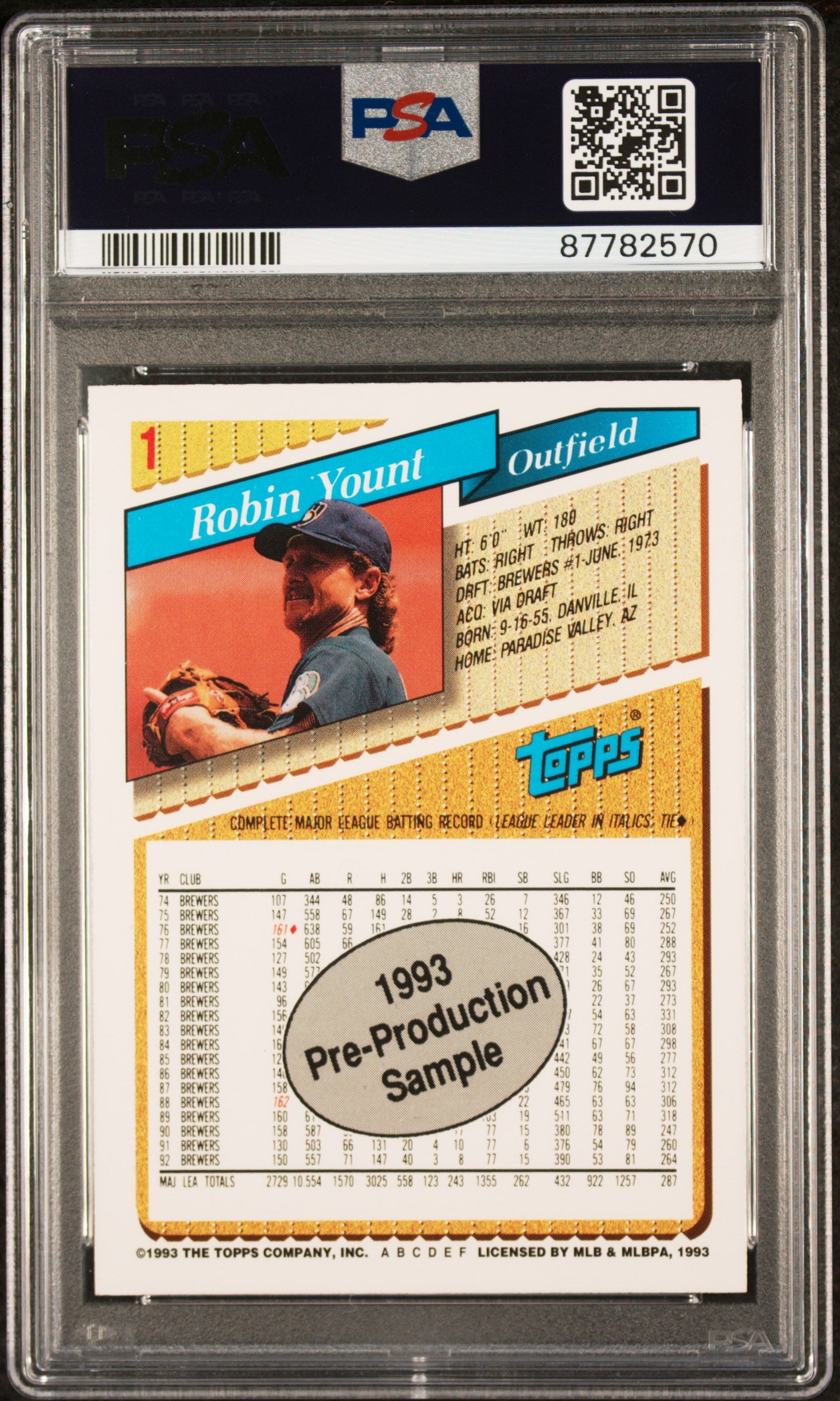 1993 Topps Pre-Production Baseball Robin Yount #1 PSA 9 87782570