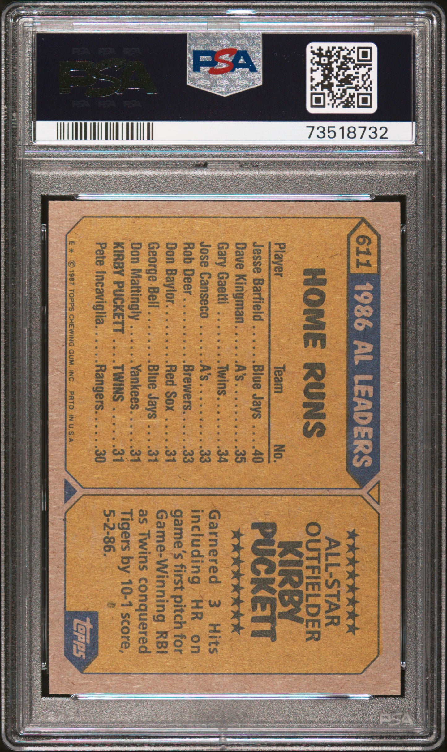 1987 Topps Baseball Kirby Puckett #611 Psa 9 73518732