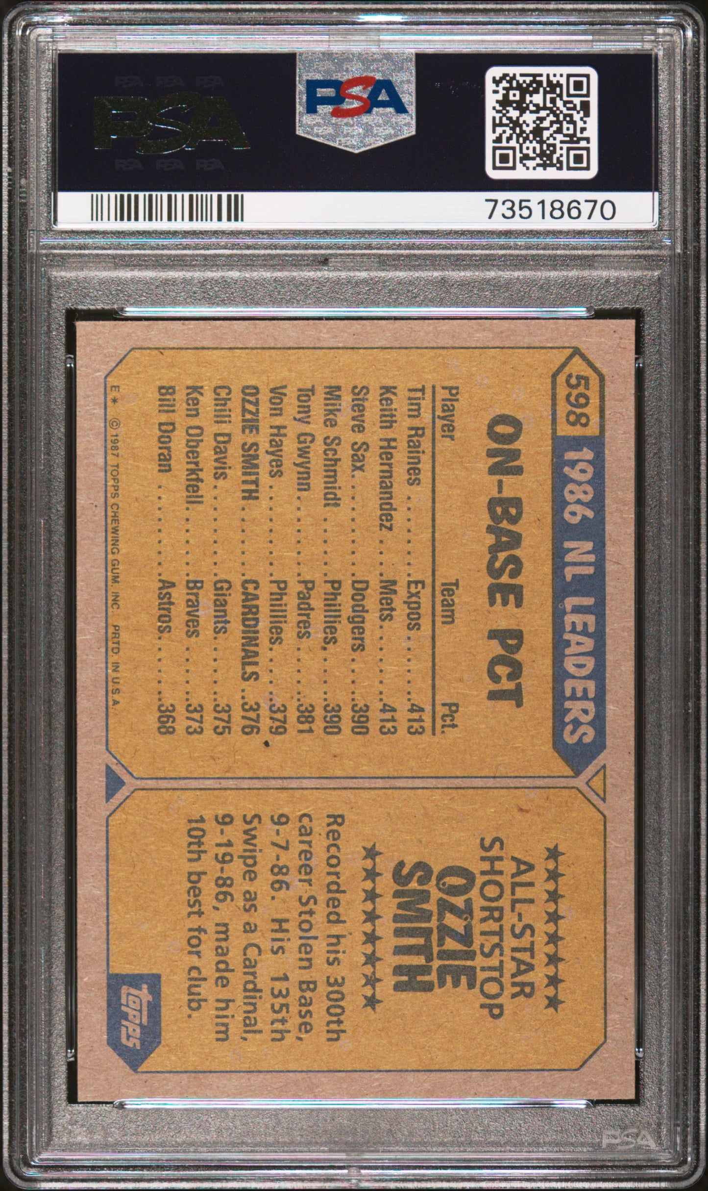 1987 Topps Baseball Ozzie Smith #598 Psa 9 73518670