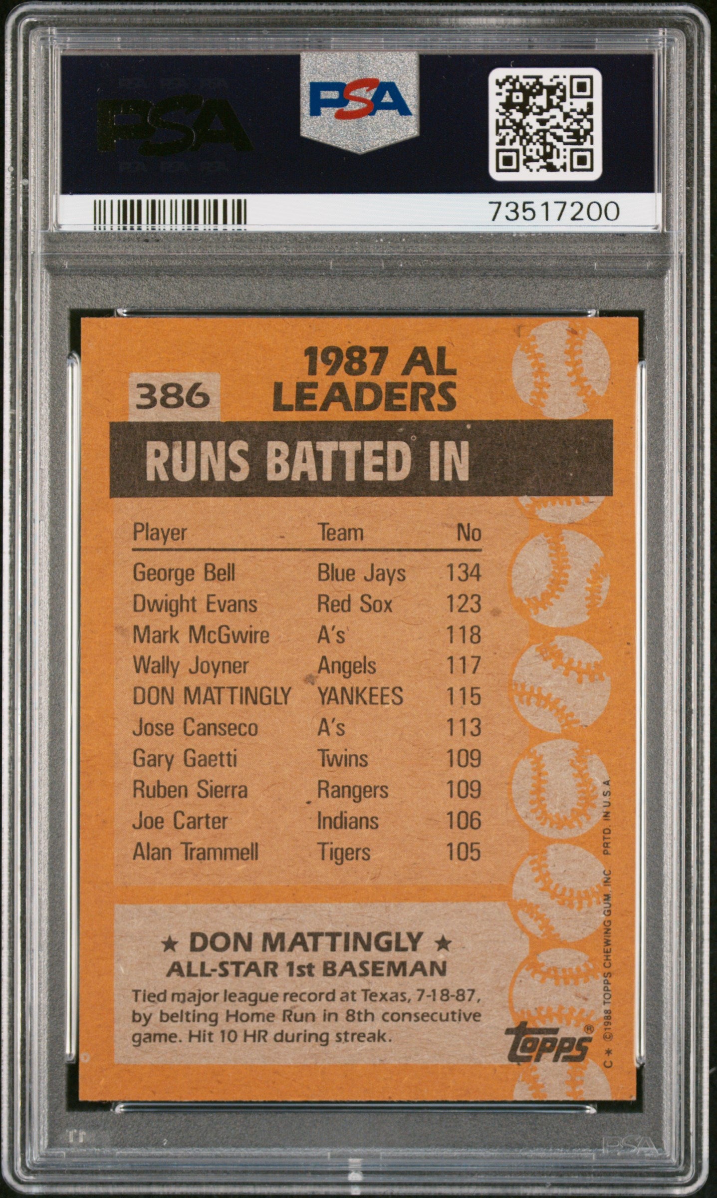 1988 Topps Baseball Don Mattingly #386 Psa 9 73517200