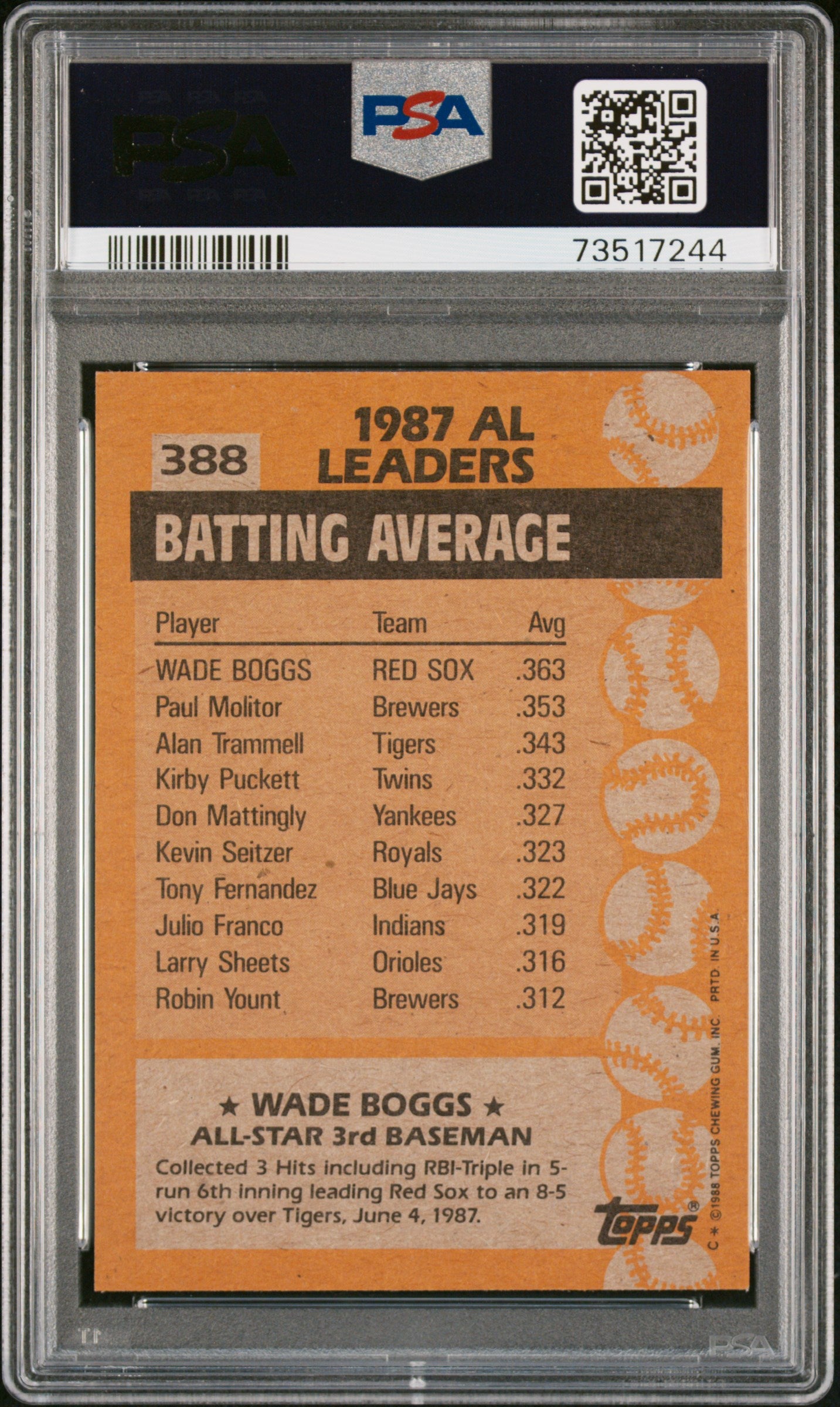 1988 Topps Baseball Wade Boggs #388 Psa 9 73517244