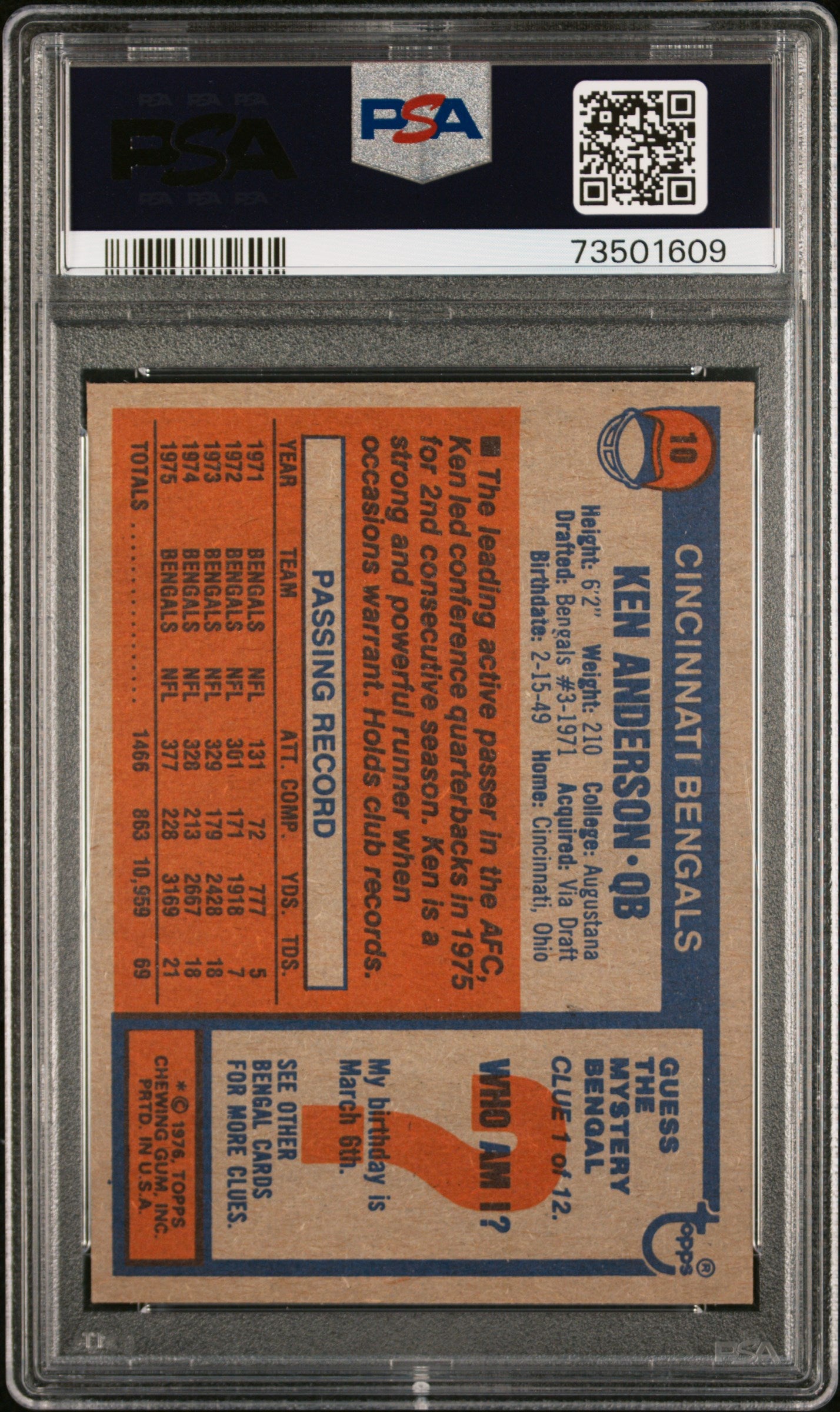 1976 Topps Football Ken Anderson #10 Psa 5 73501609