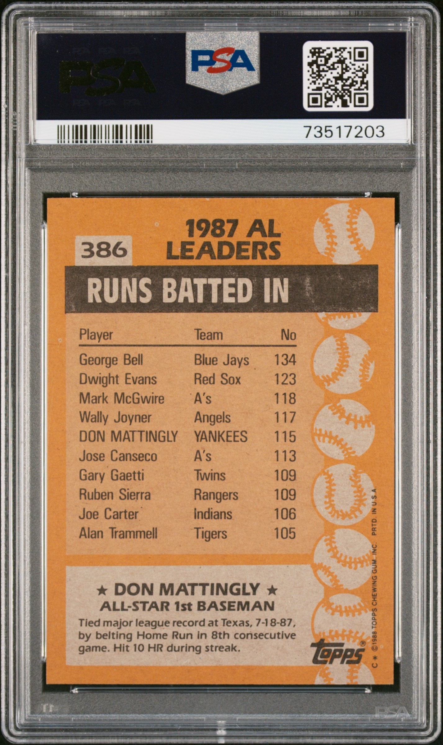 1988 Topps Baseball Don Mattingly #386 Psa 9 73517203