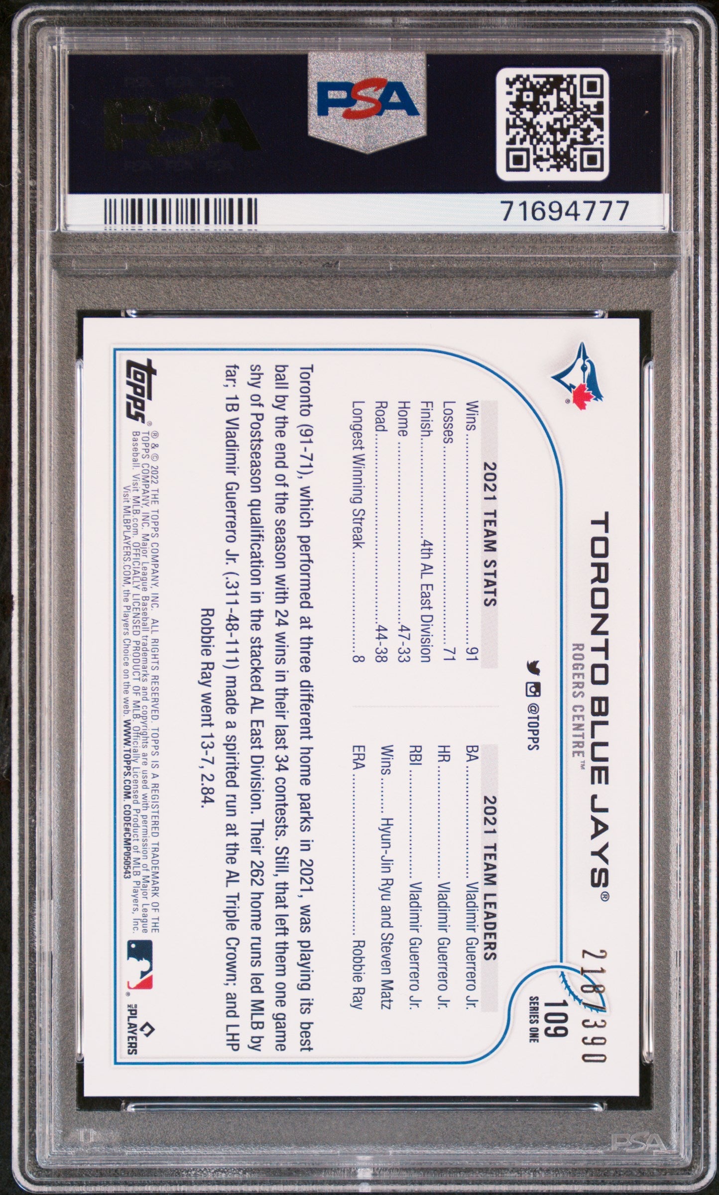 2022 Topps Complete Set Baseball Toronto Blue Jays #109 Psa 10 71694777