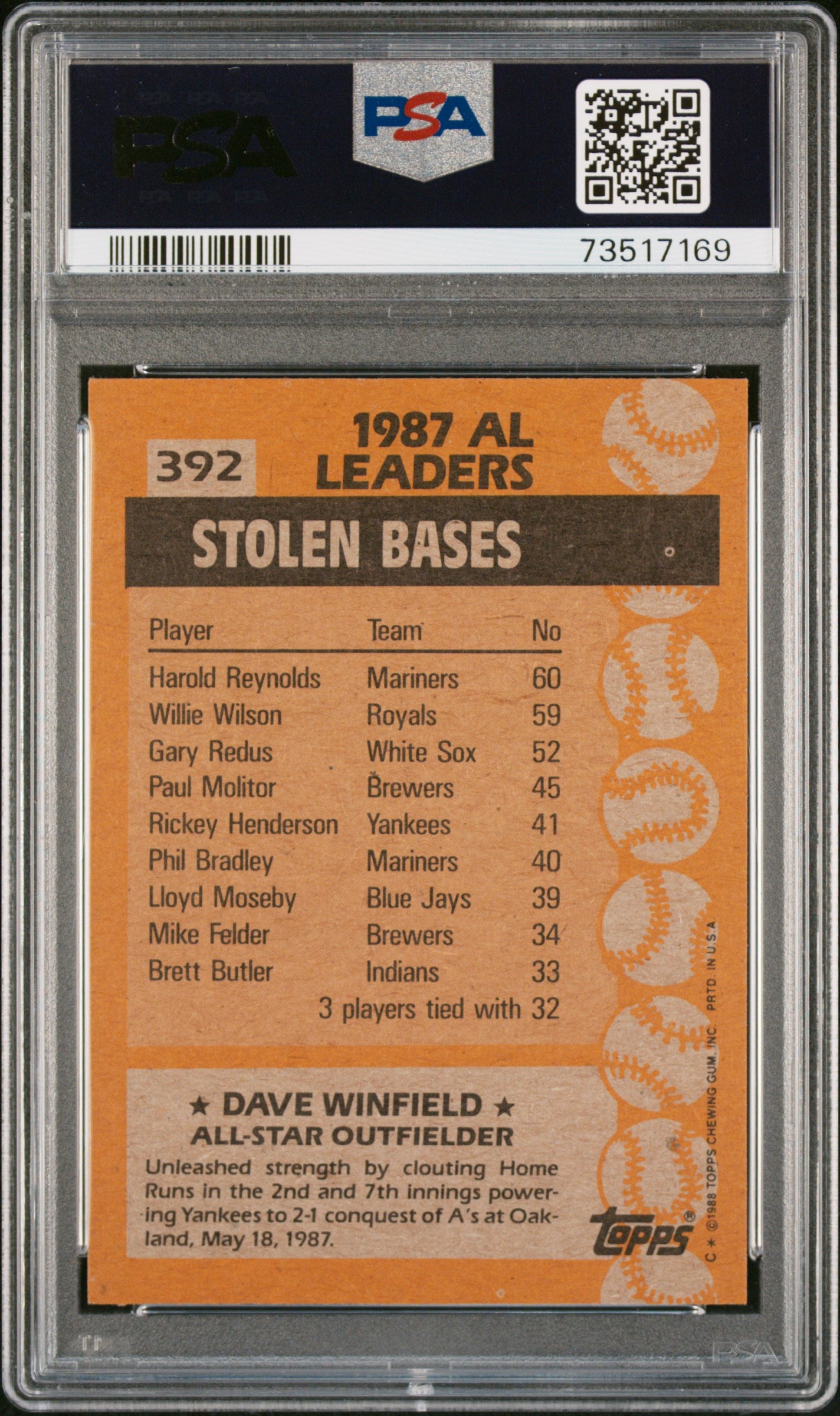 1988 Topps Baseball Dave Winfield #392 Psa 9 73517169