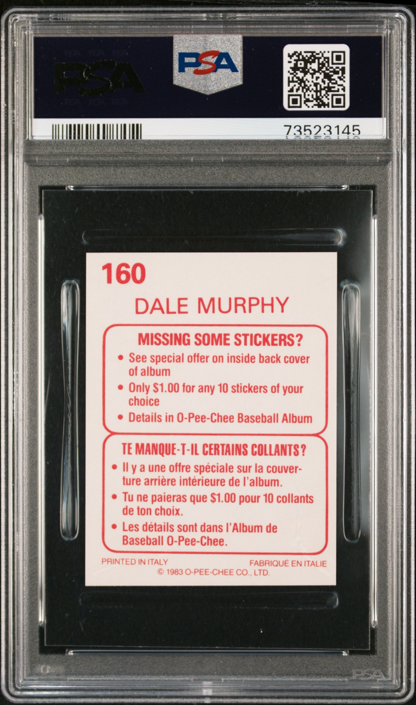 1983 O-pee-chee Stickers Baseball Dale Murphy #160 Psa 7 73523145