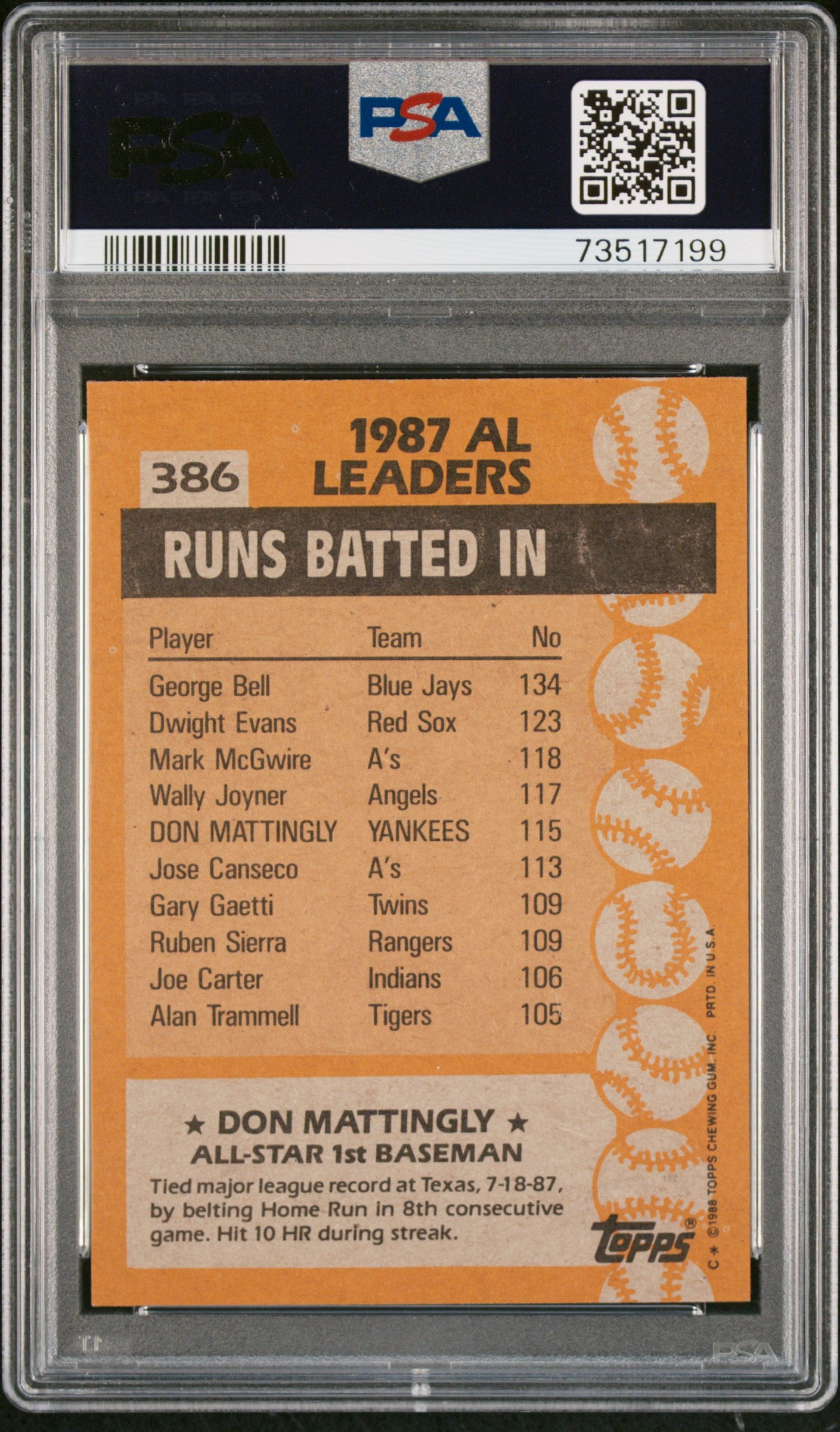 1988 Topps Baseball Don Mattingly #386 Psa 9 73517199